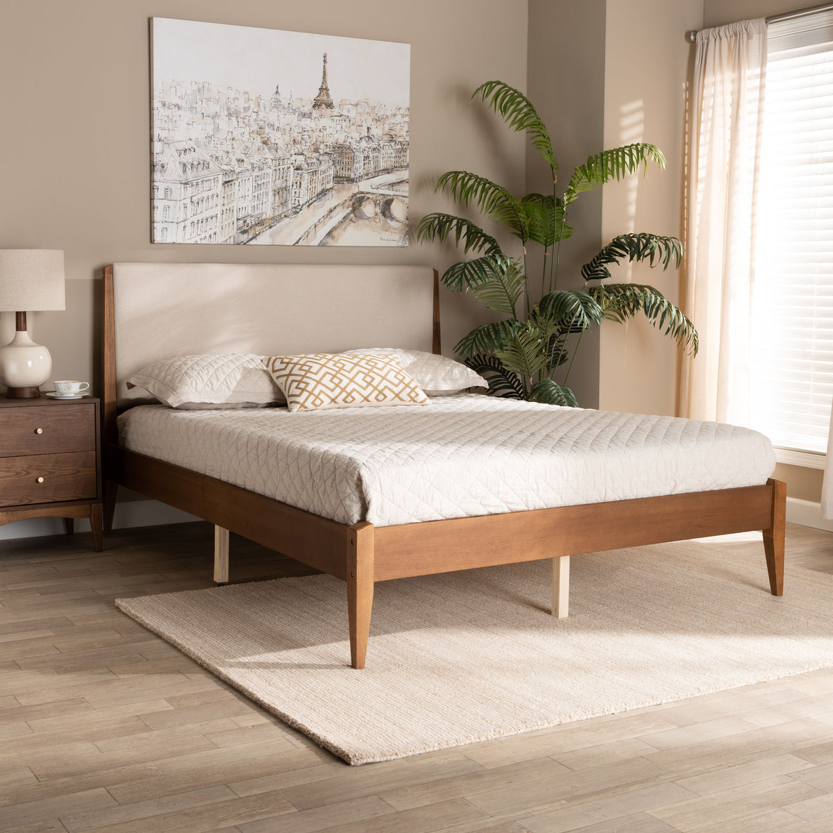 Lenora Mid-Century Modern Beige Fabric Upholstered and Walnut Brown Finished Wood King Size Platform Bed
