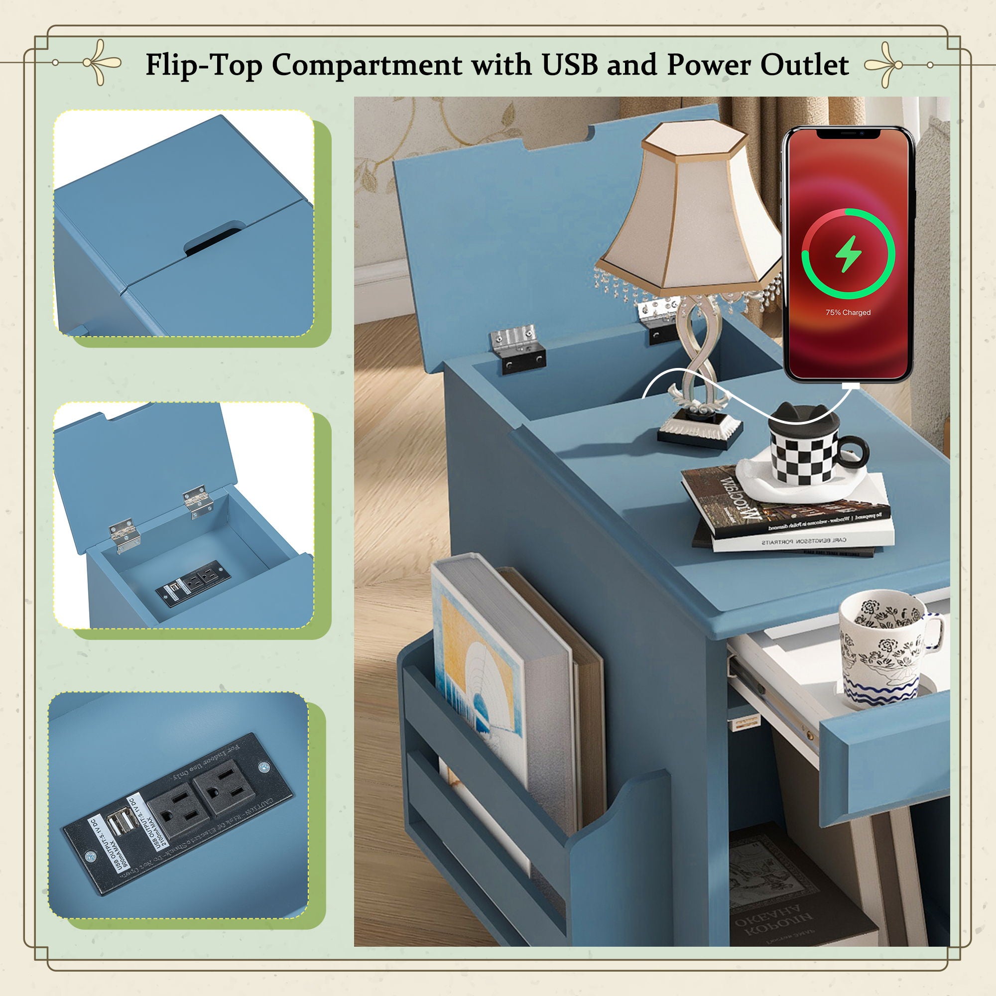 Vintage Flip Top Side Table With USB Ports