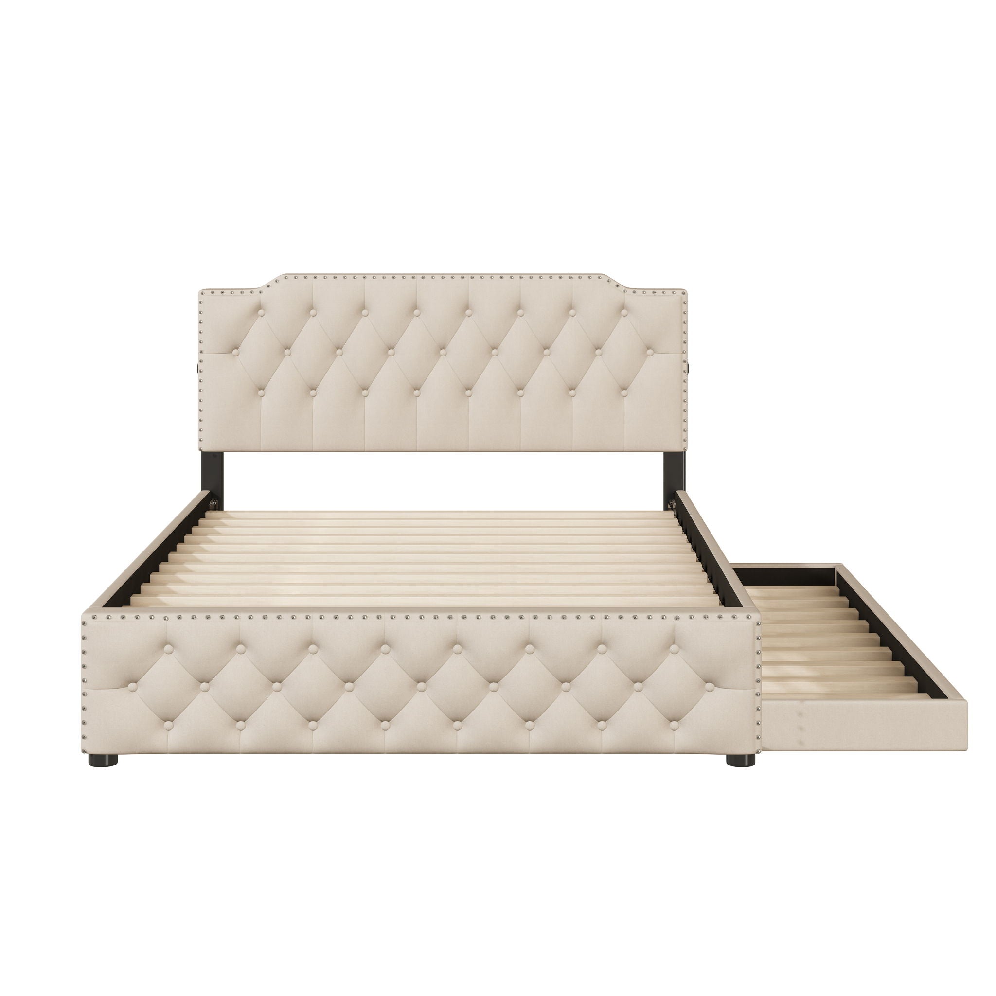 Upholstered Platform Bed With Trundle And 2 Sets Of USB Ports On Each Side, Linen Fabric