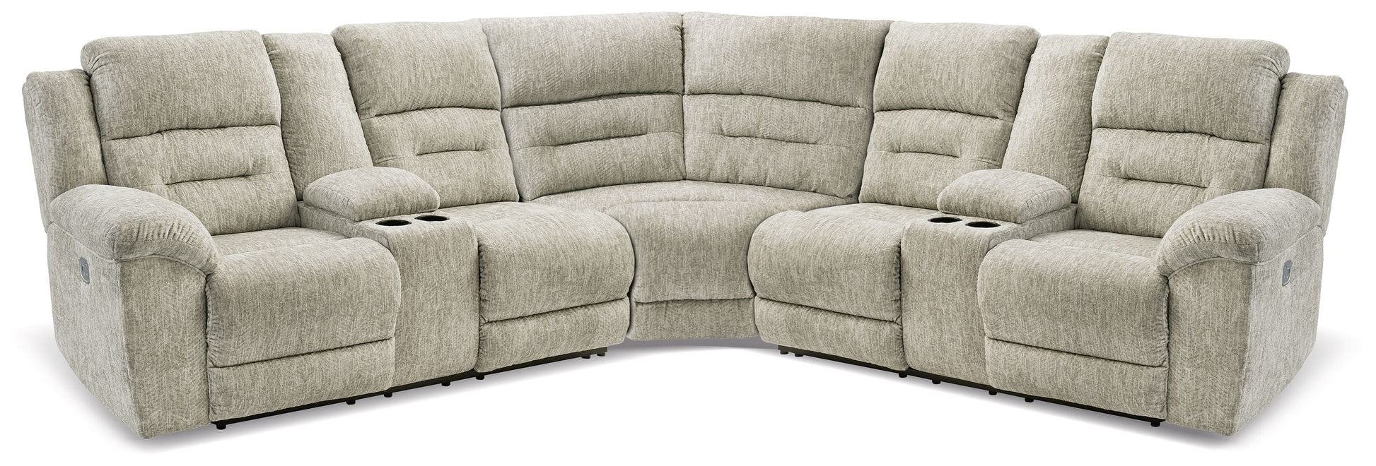 Signature Design by Ashley® Family Den - Pewter - 3-Piece Power Reclining Sectional With 2 Loveseats With Console | Meri Furniture