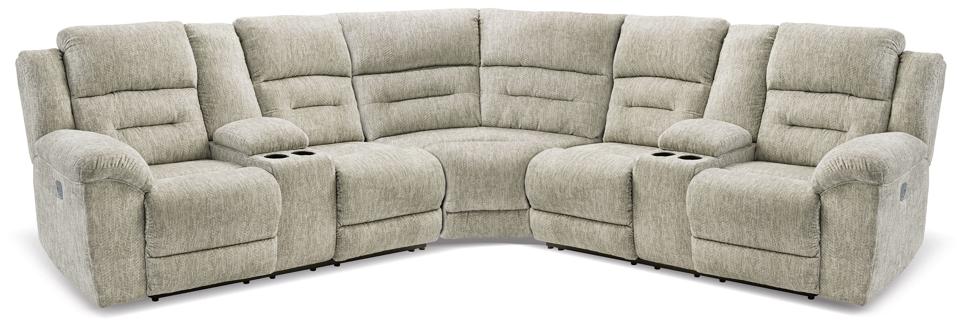 Signature Design by Ashley® Family Den - Pewter - 3-Piece Power Reclining Sectional With 2 Loveseats With Console | Meri Furniture