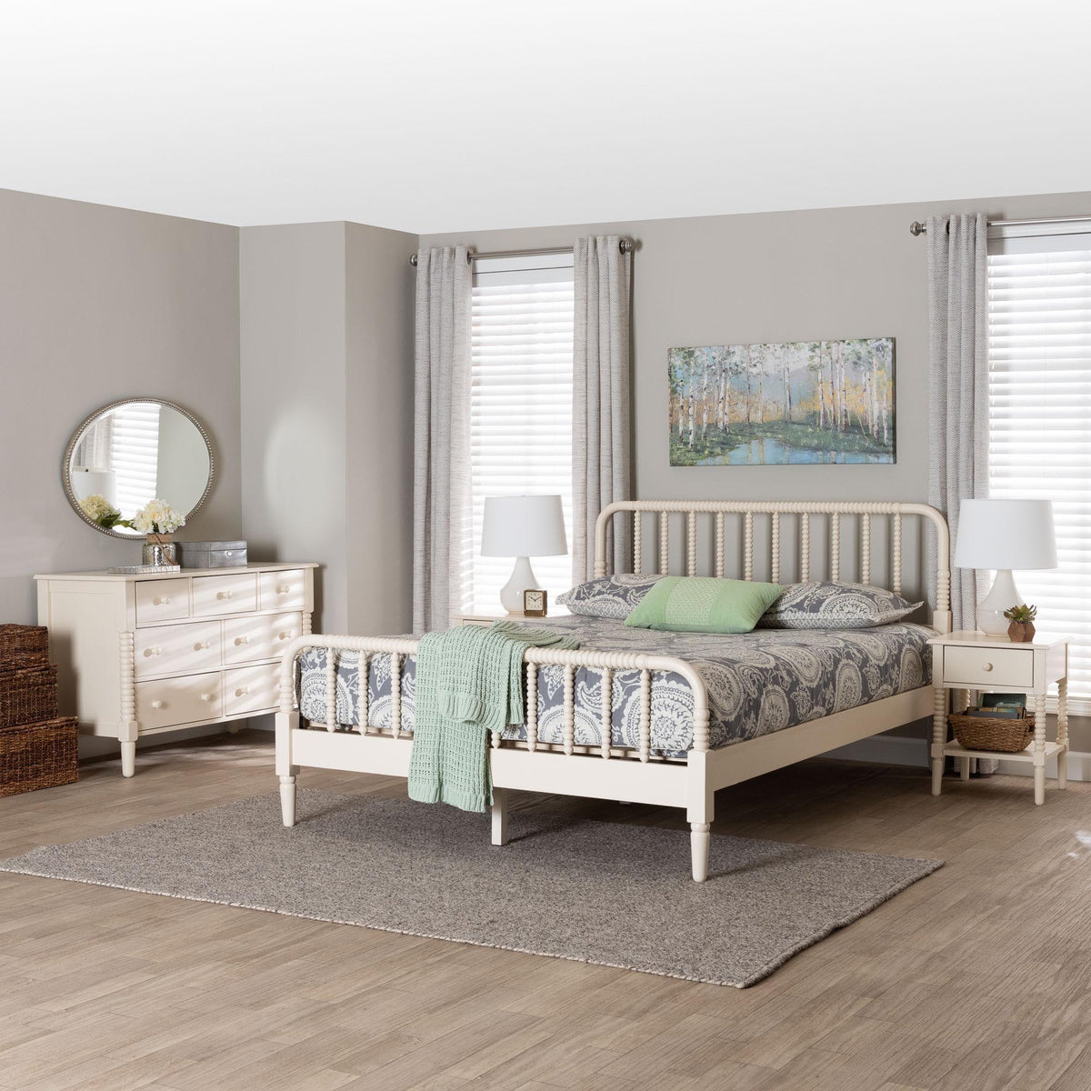 Braith Farmhouse Ivory Spindle Wood Queen Size 4-Piece Bedroom Set with Two Nightstands