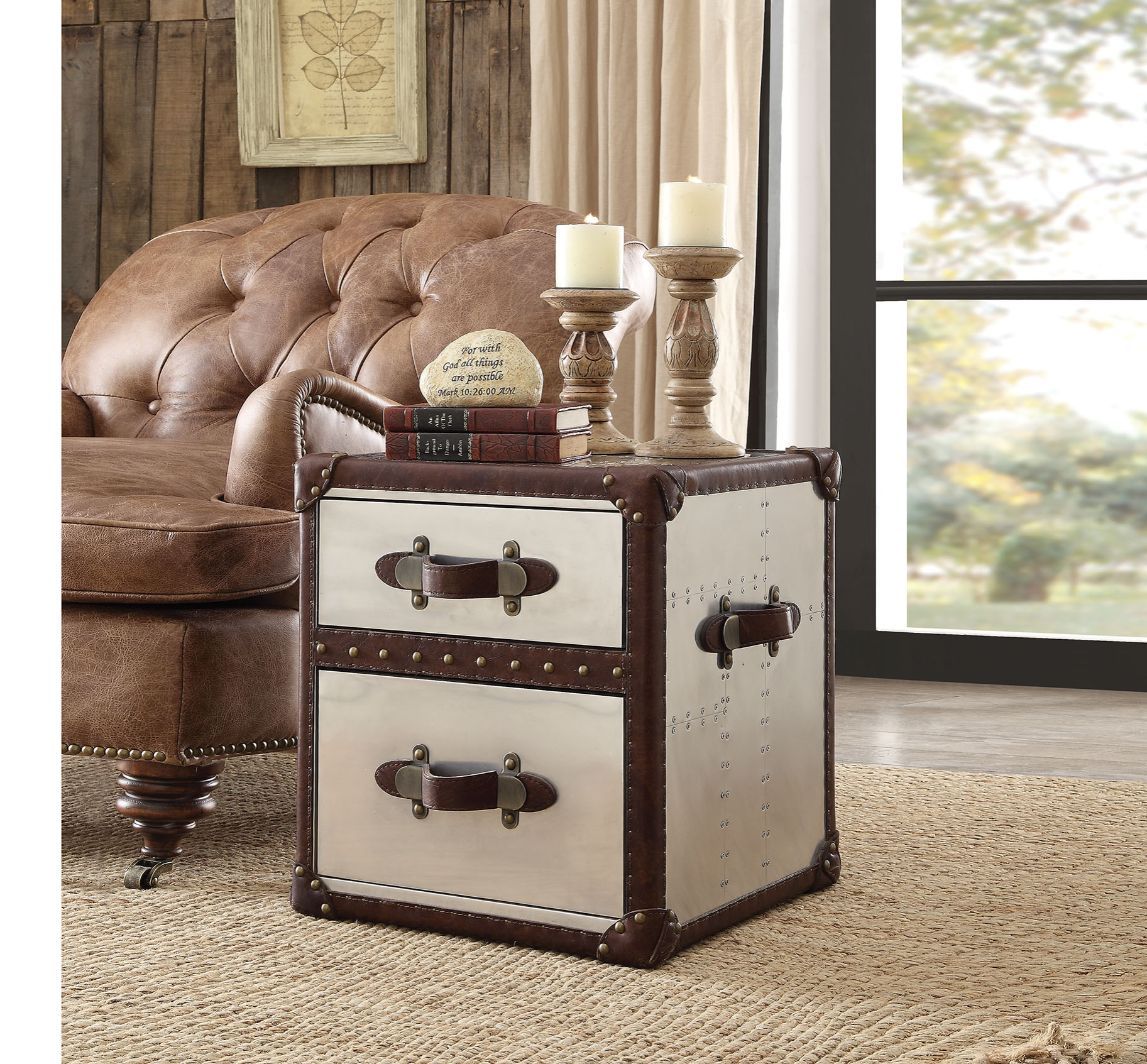 ACME Aberdeen - End Table - Vintage Dark Brown Top Grain Leather & Aluminum | Meri Furniture