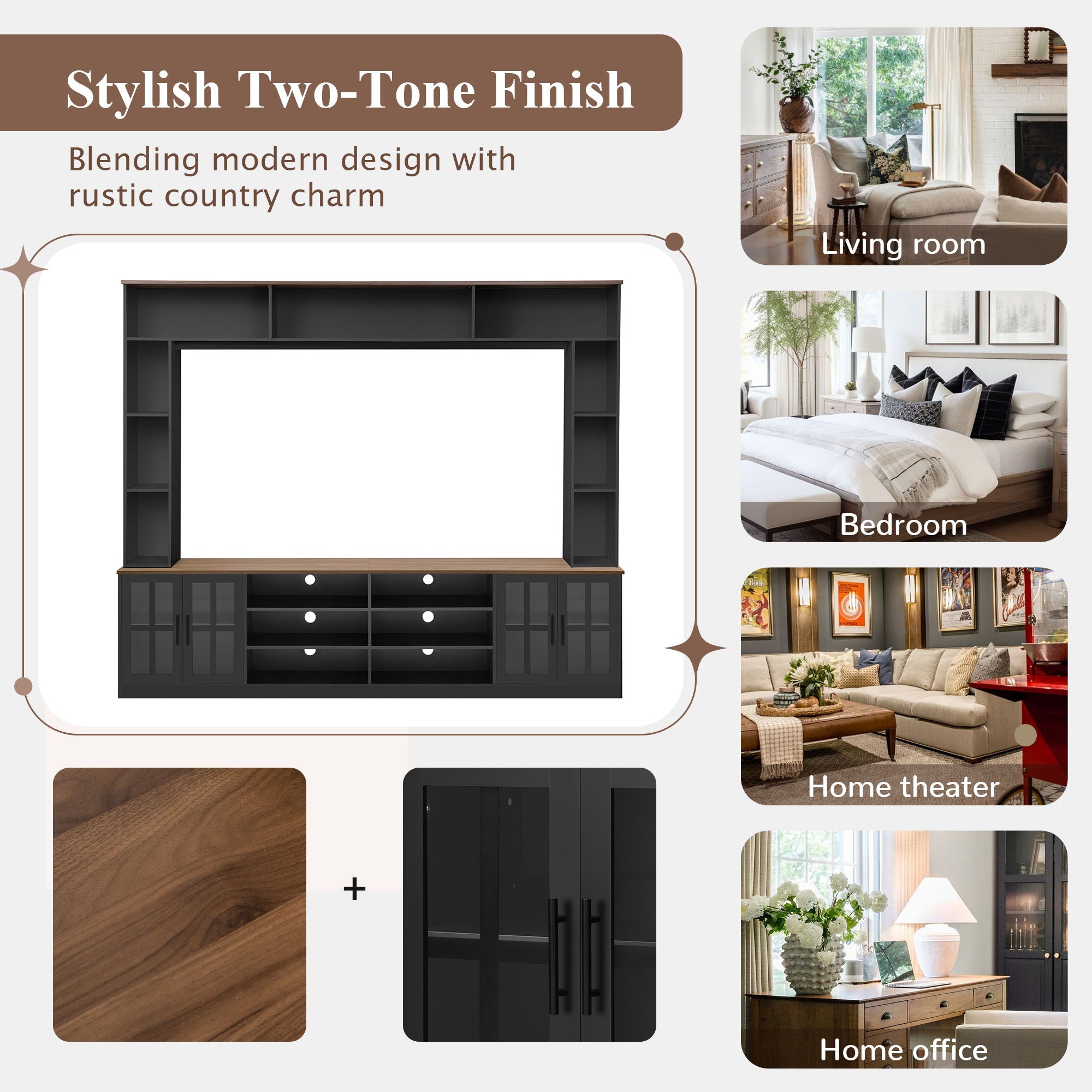 Wall Unit Entertainment Center With Bookshelves For TVs Up To 80", Tempered Glass Doors And Adjustable Shelves