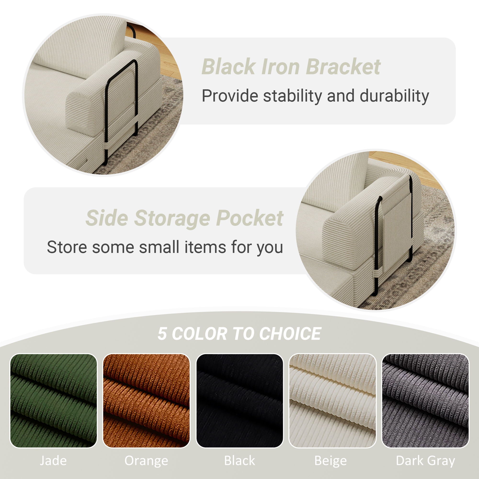 Convertible Sleeper Sofa Bed With Cylindrical Pillow, Fixed Shape Frame