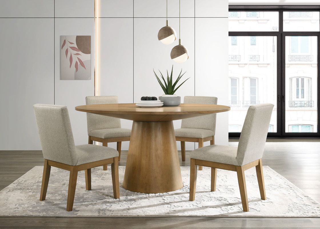 Jasper Driftwood Finish 5 Piece 59" Contemporary Round Dining Table Set with Pedestal Base and Beige Fabric Chairs
