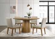 Jasper Driftwood Finish 5 Piece 59" Contemporary Round Dining Table Set with Pedestal Base and Beige Fabric Chairs