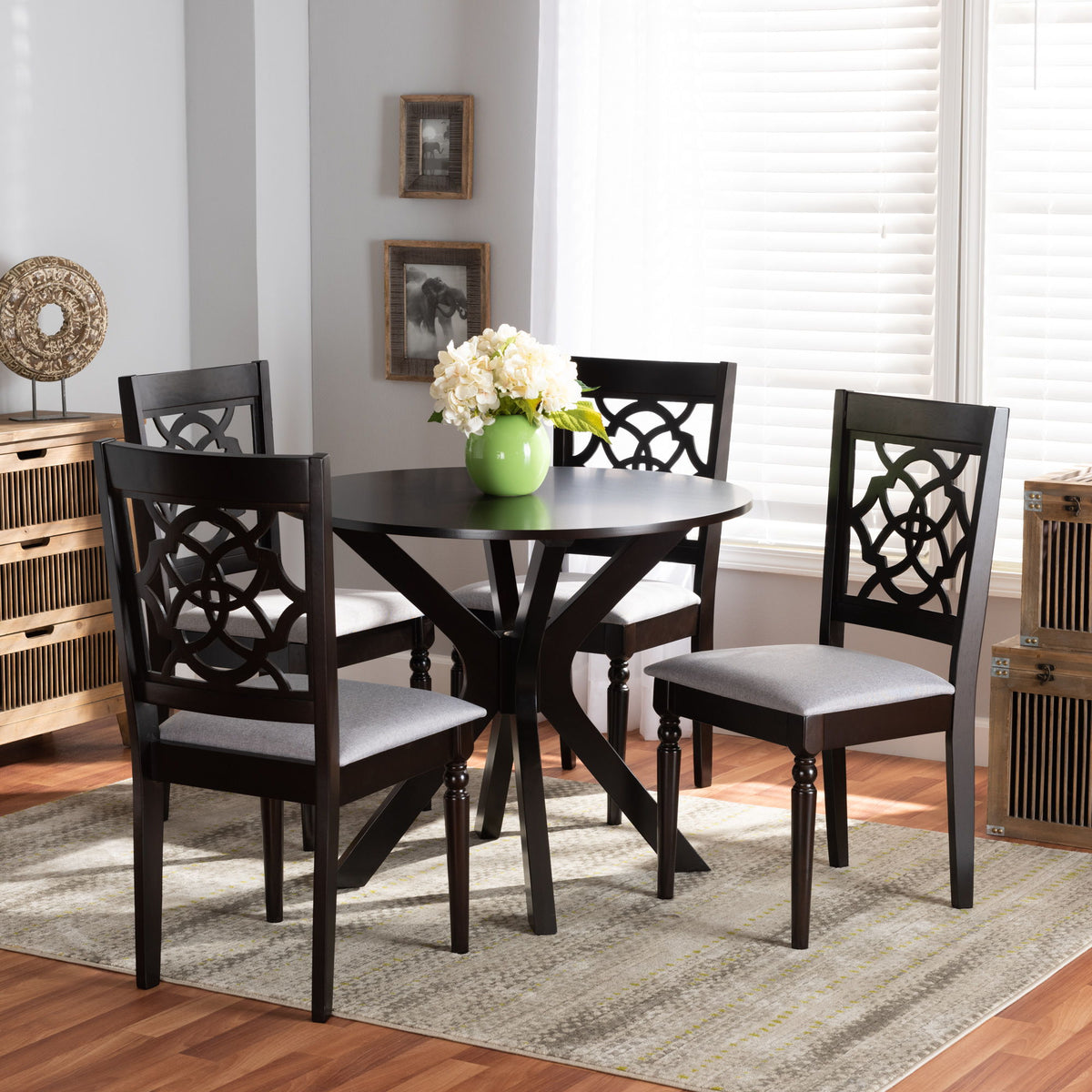 Sadie Modern and Contemporary Grey Fabric Upholstered and Dark Brown Finished Wood 5-Piece Dining Set