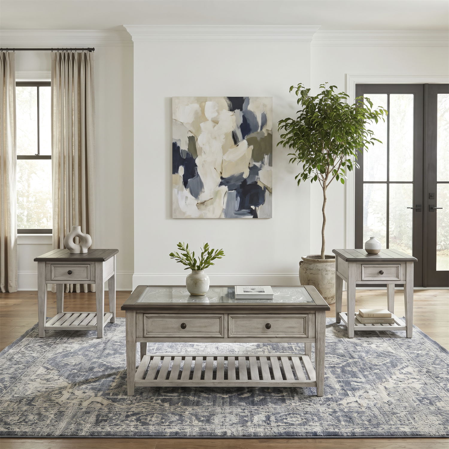 Heartland - 3 Piece Table Set - Antique White / Tobacco Tops