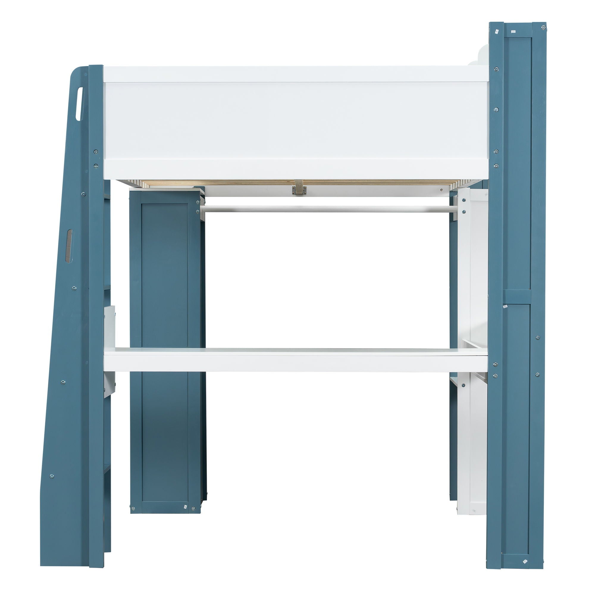 Loft Bed With Built In Storage Shelves, Clothes Rail, And Desk