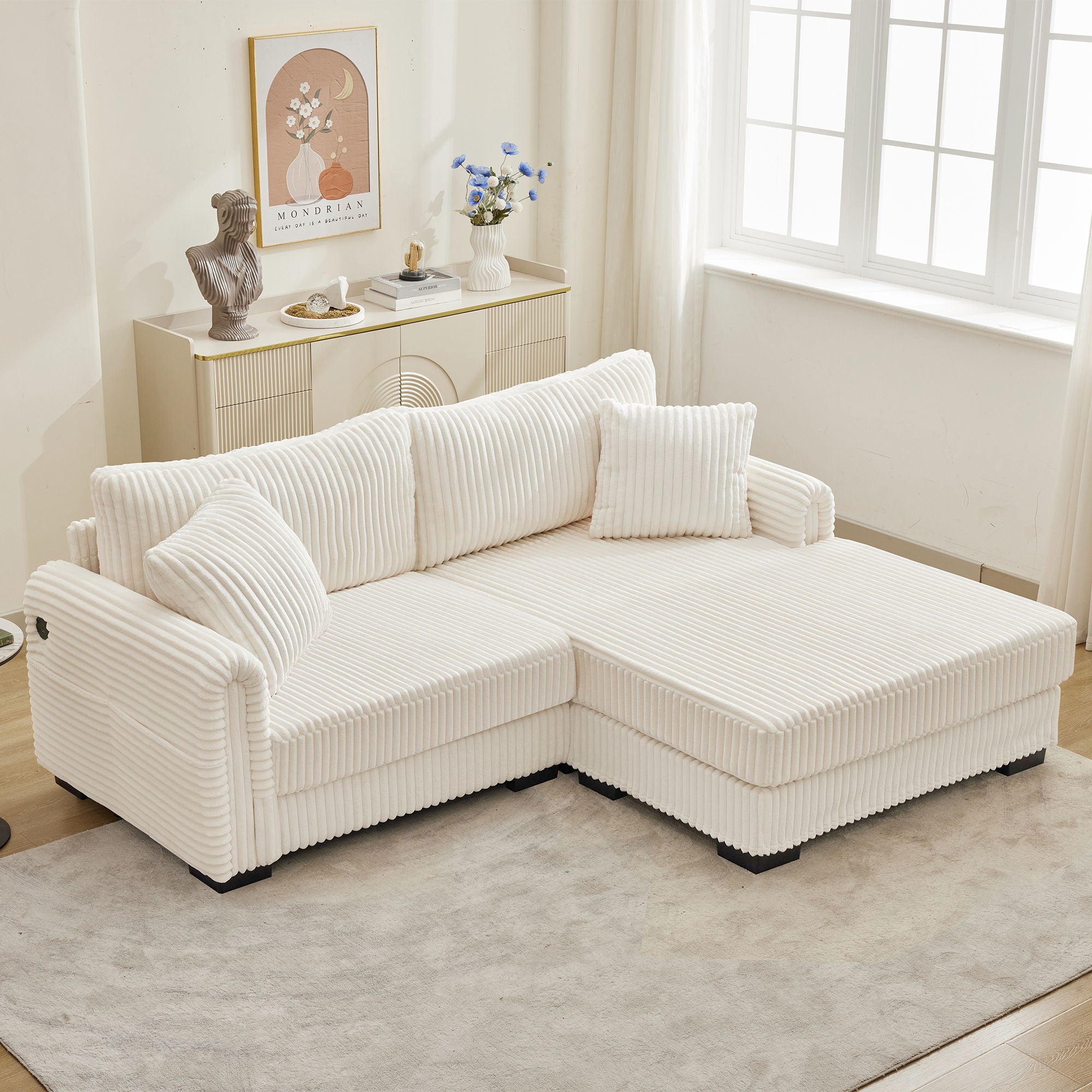 2 Seater L Shaped Chaise Sofa With Reversible Cushion, USB - C Charging Port, Storage Pocket, Convertible Left / Right Design