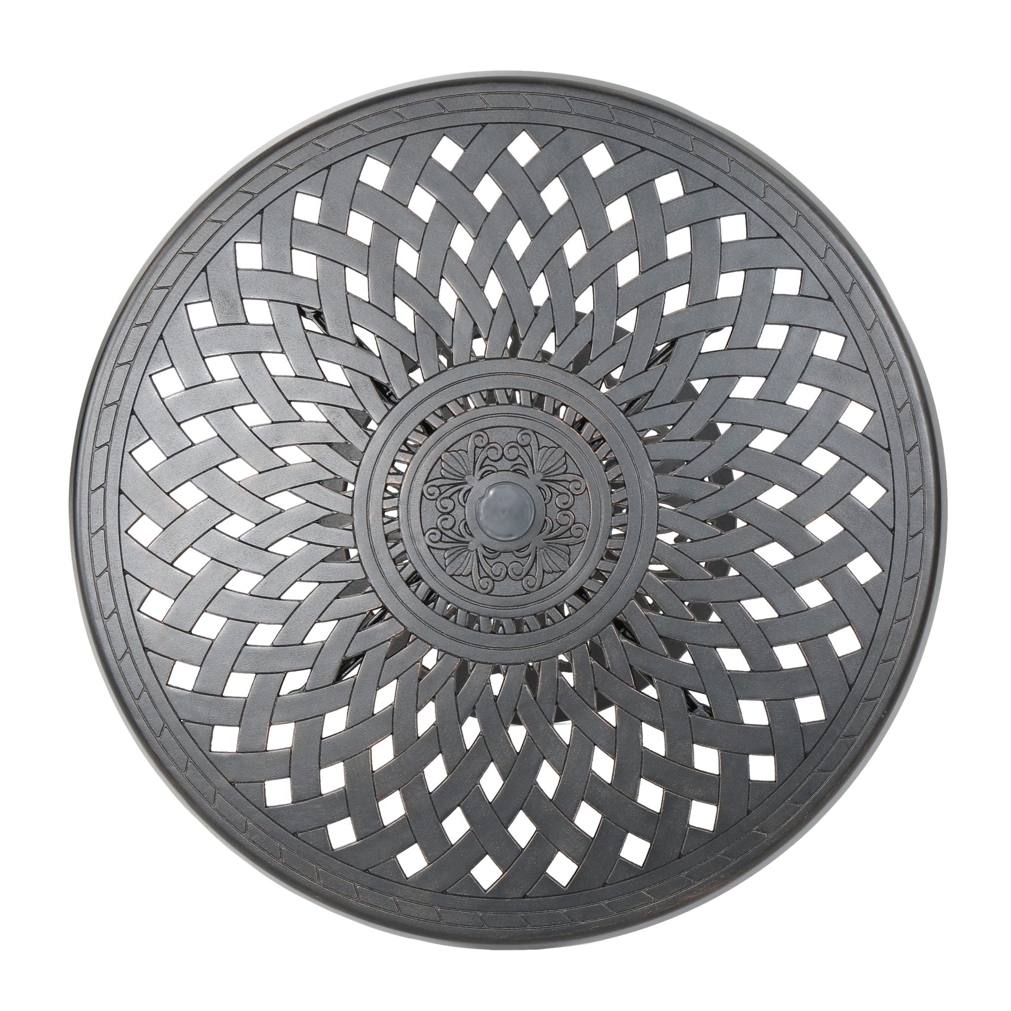 Elegant Cast Aluminum Round Bar Table With Romantic Filigree Design - Copper