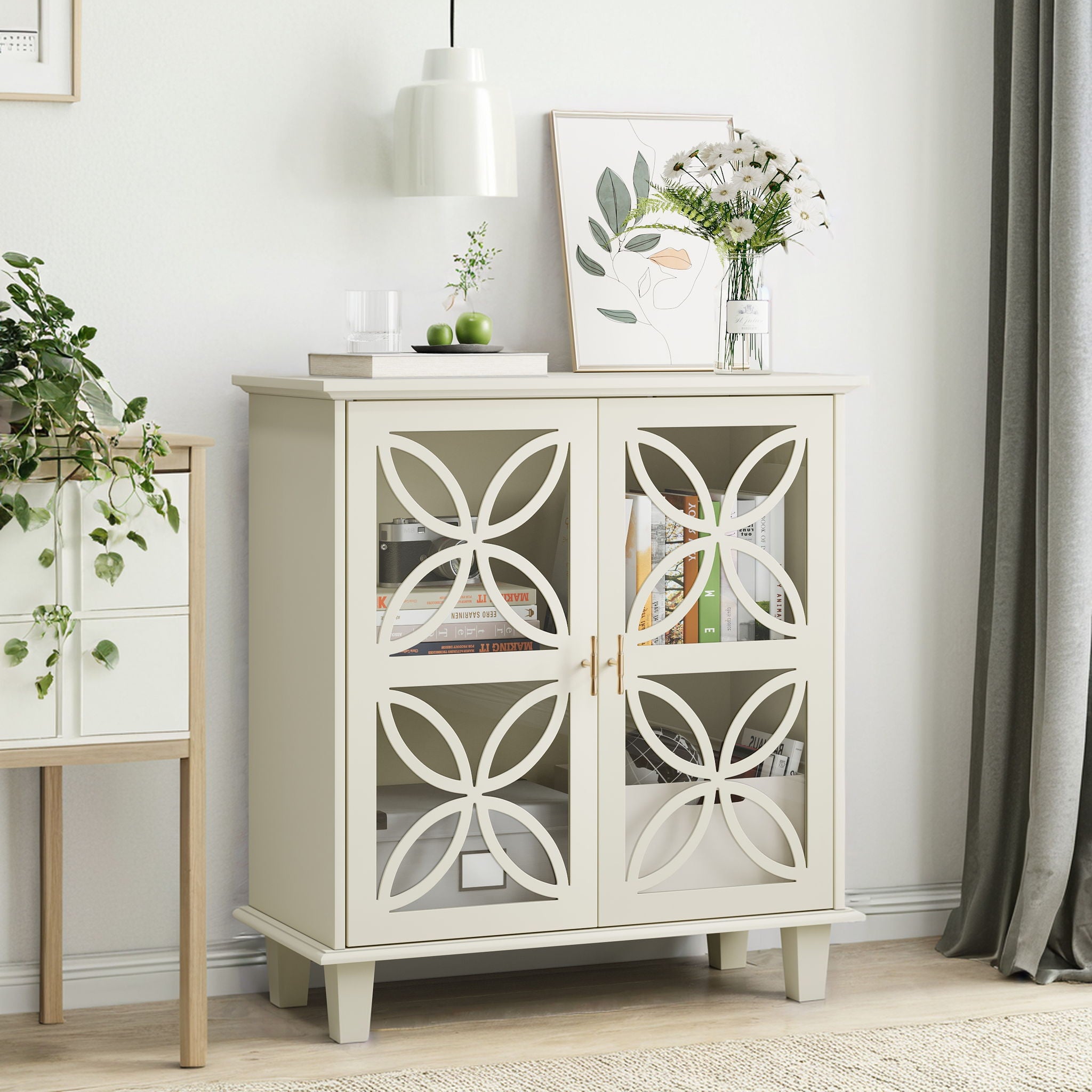 Modern Retro Sideboard Buffet Storage Cabinet With Adjustable Shelves And Tempered Glass Doors - Cream Color