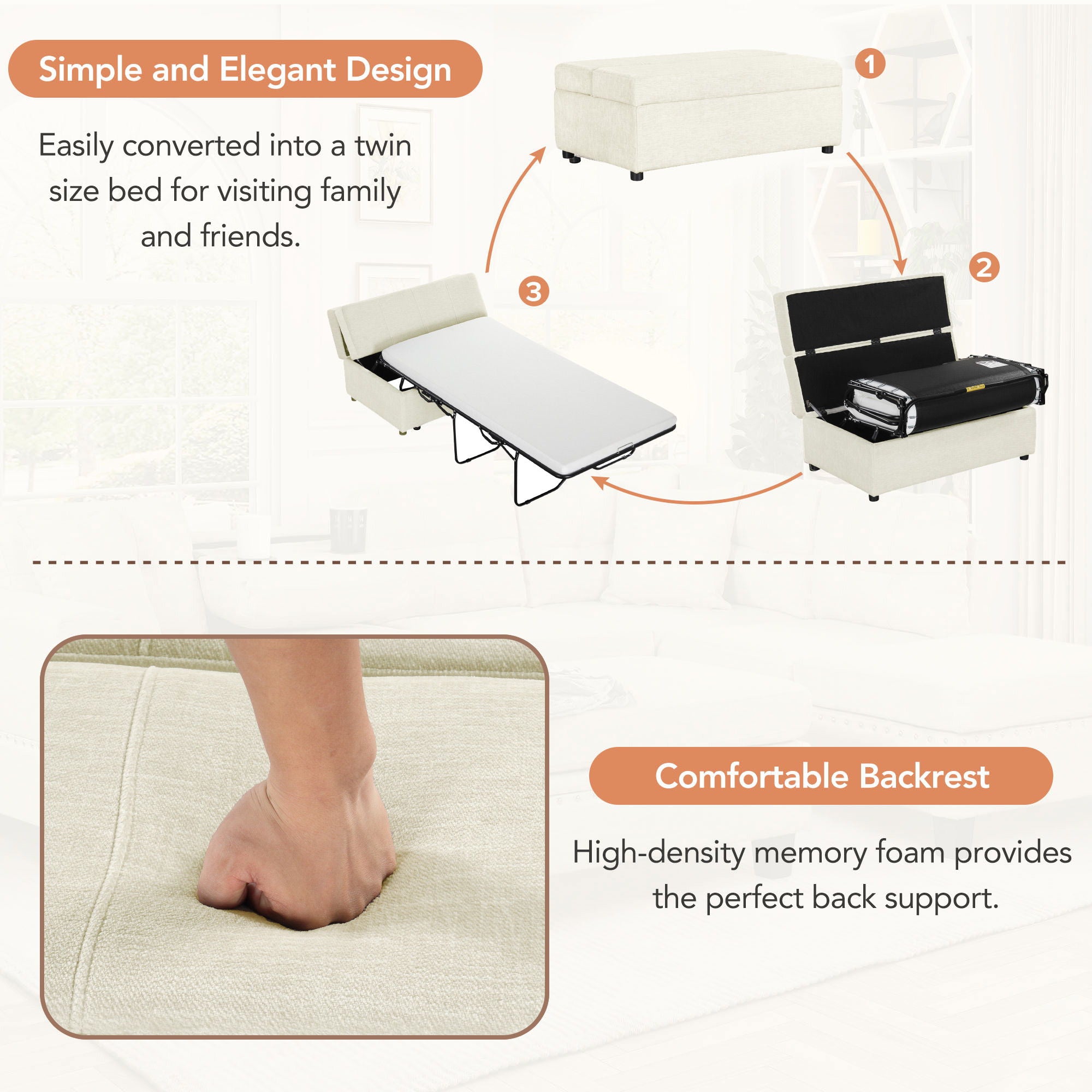 Twin Size Folding Ottoman Sleeper Bed With Mattress Convertible Guest Bed