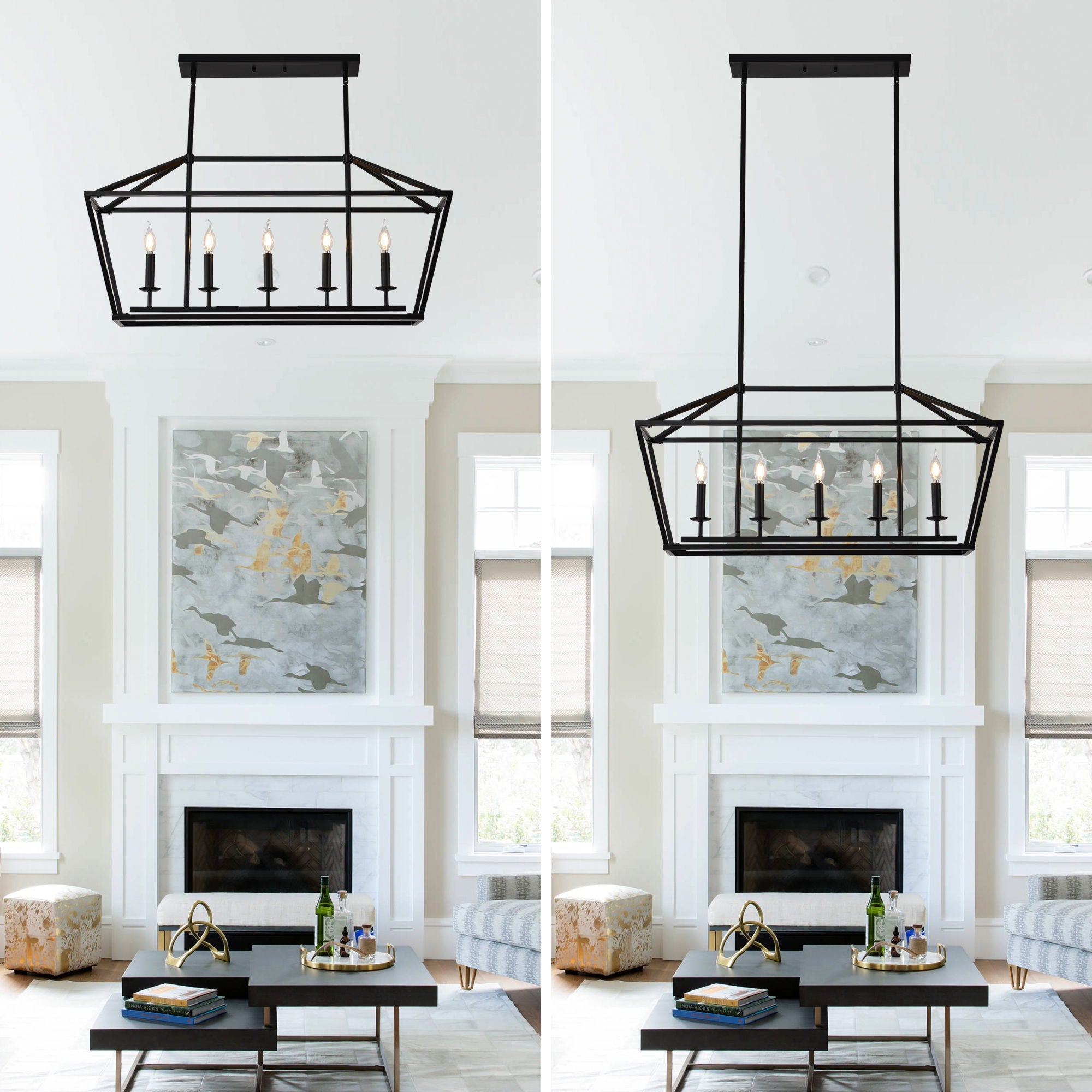 5 Light Farmhouse Kitchen Island Lighting, 5 Light Industrial Linear Chandelier For Dining Room Metal Hanging Pendant Light Fixture For Bedroom Living Room Hallway Conference Room - Matte Black