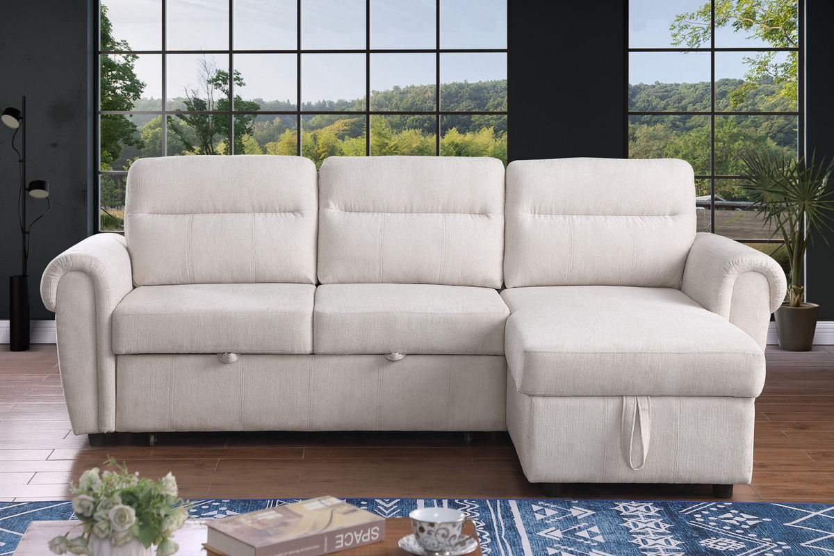 Hugo 97"W Beige Chenille Reversible Sleeper Sectional Sofa Chaise with USB Charger, Phone/Magazine Pockets