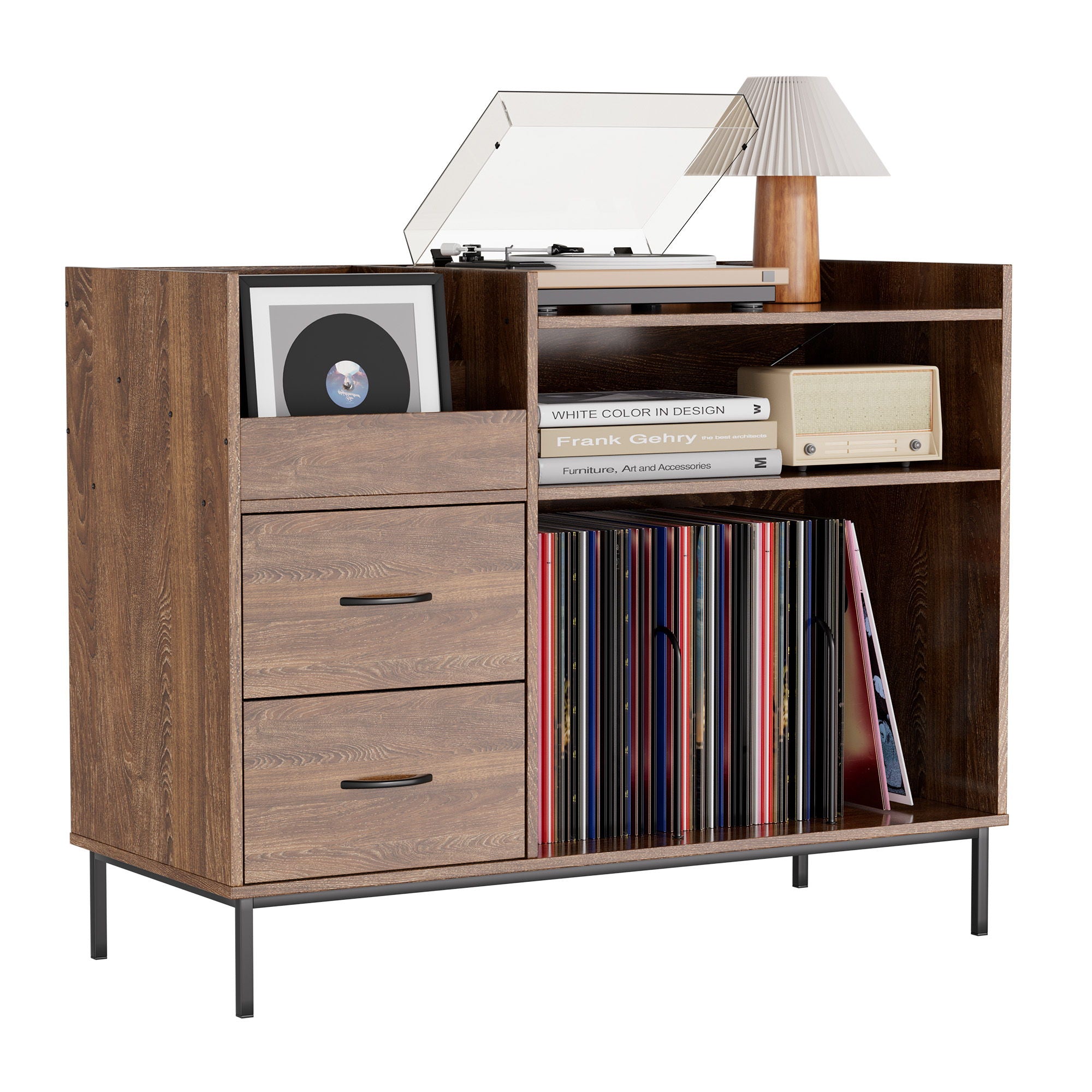 Eco-Friendly Vinyl Record Player Stand With Flip-Top Storage, Media Console With Dual Outlets And Dustproof Drawers