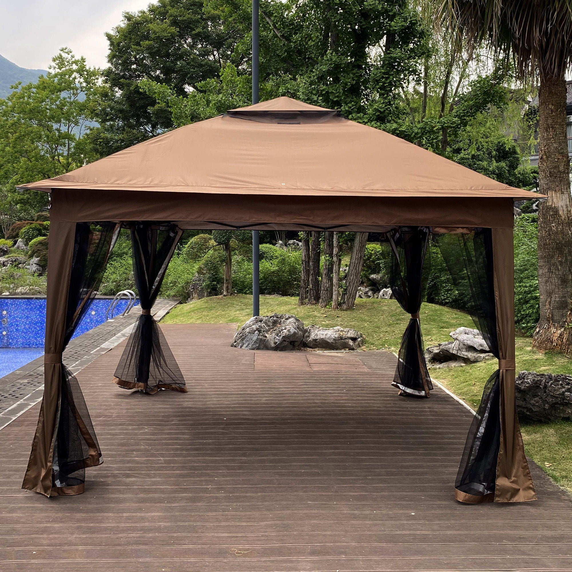 Outdoor Pop Up Gazebo Canopy With 2 Tier Soft Top And Removable Zipper Netting
