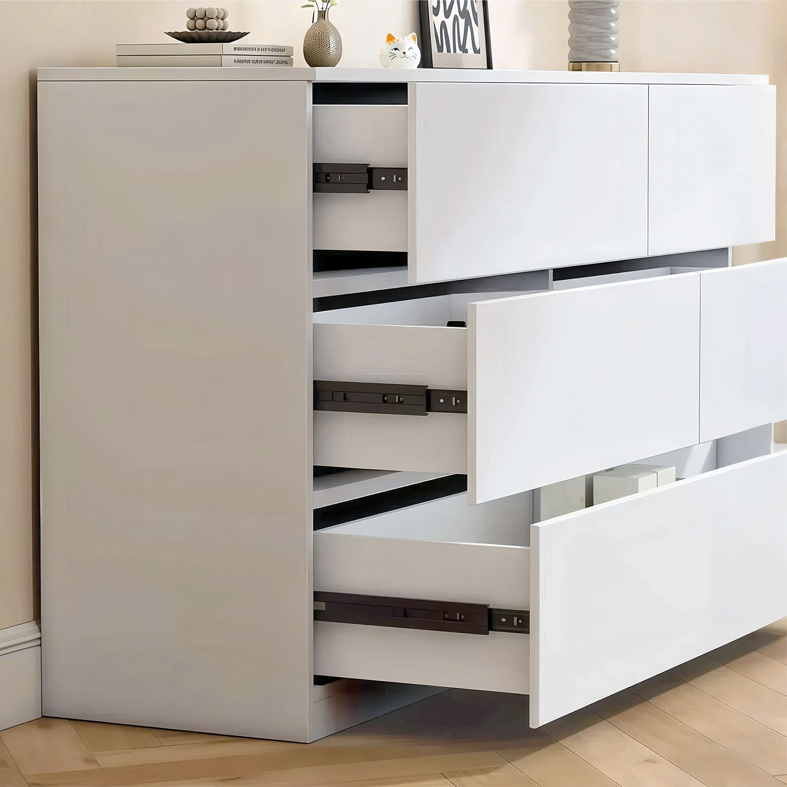 6 Drawer Dresser With Spacious Countertop And Concealed Handles