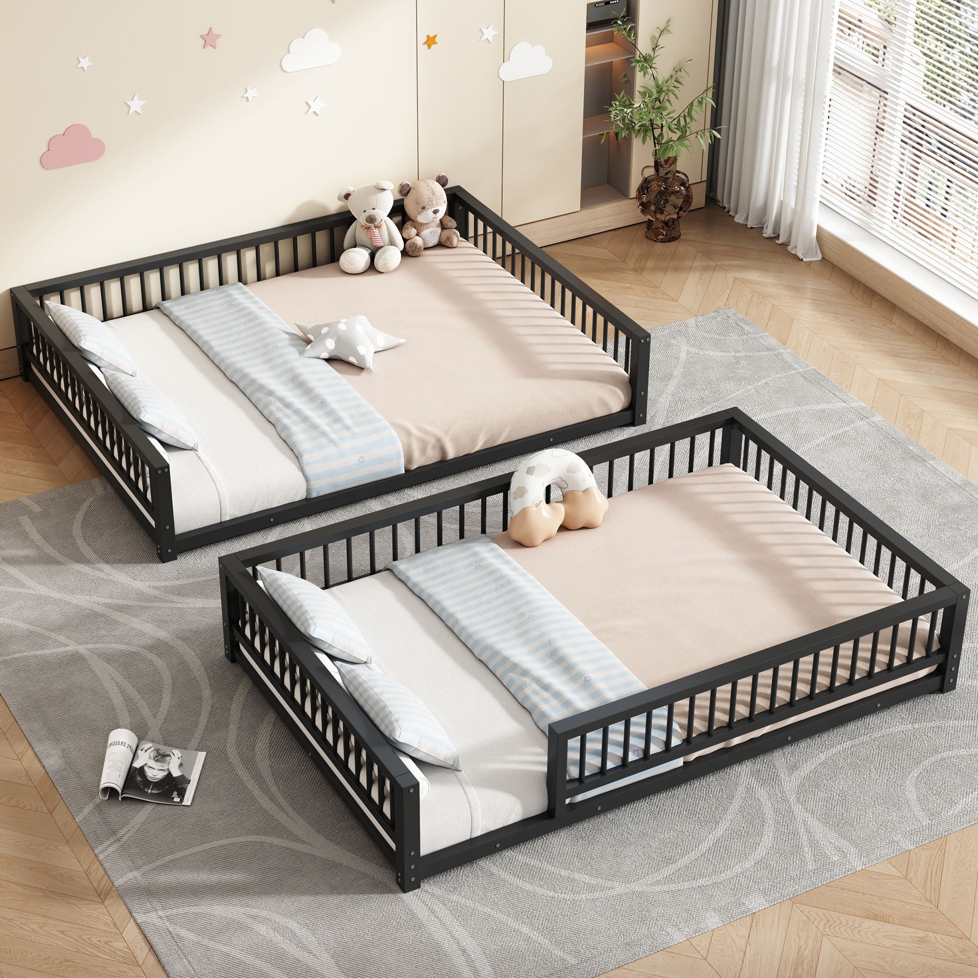 Bunk Bed Frame With Ladder And Safety Guardrails