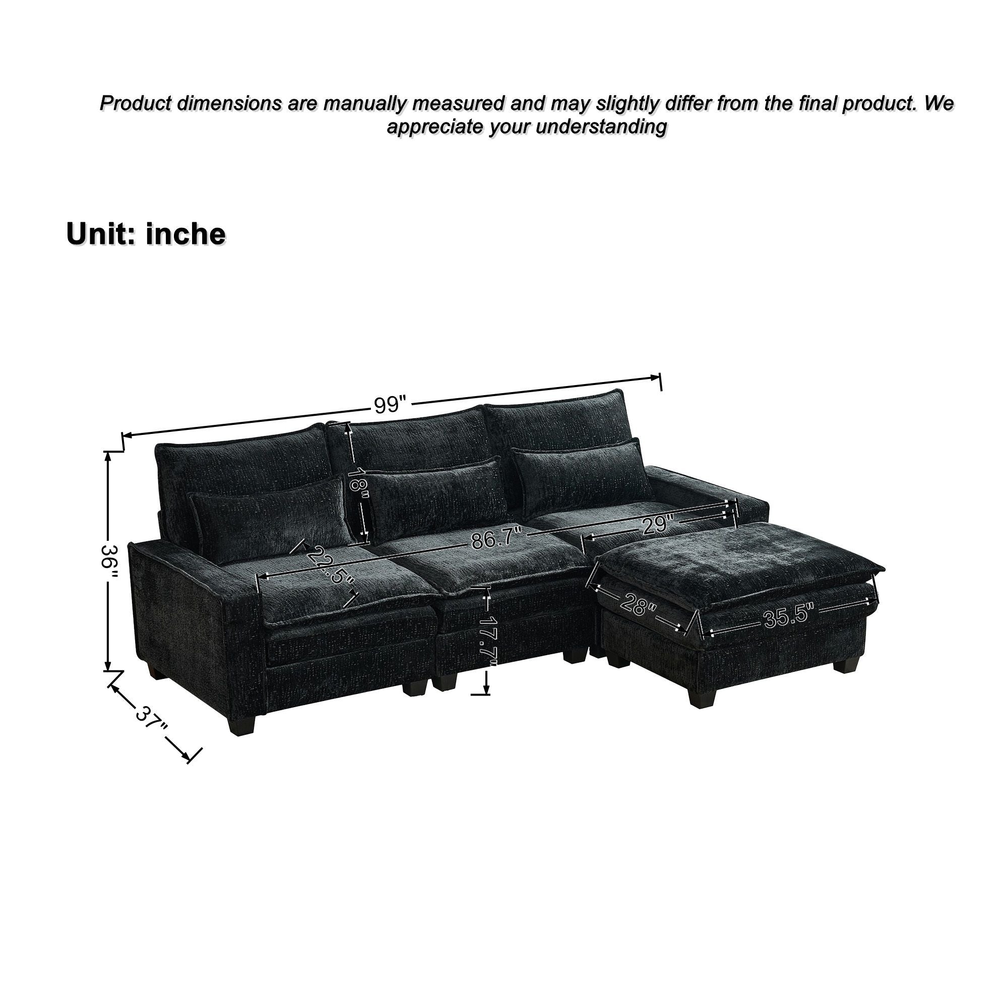 Modern Comfy Chenille L Shaped Sectional Sofa With Movable Ottoman