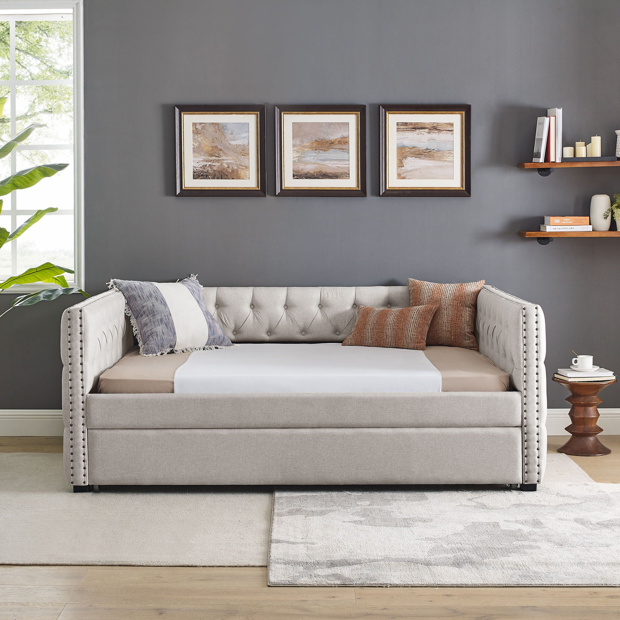 Inspired Upholstered Daybed With Trundle, Button Tufted