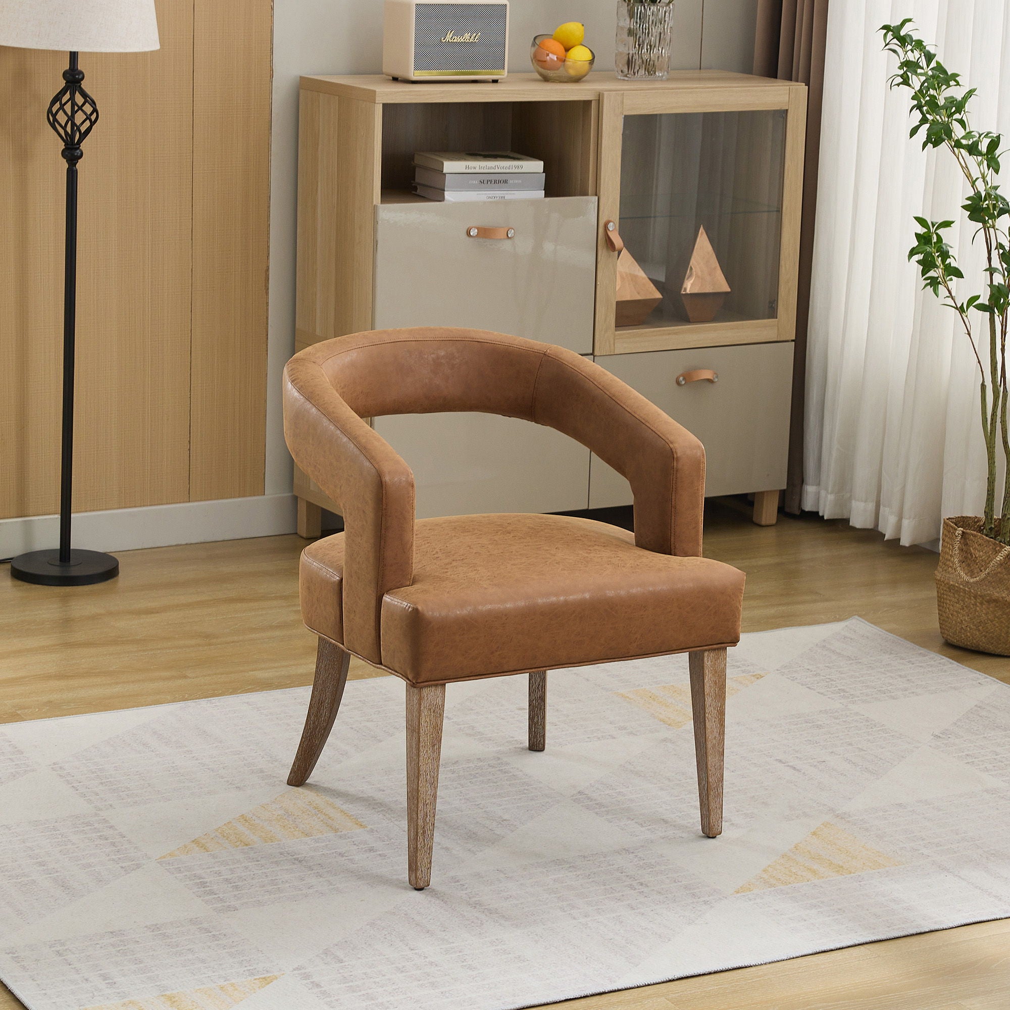 Wide Modern Barrel Open Back Upholstered Accent Chair With Weathered Solid Wood Legs