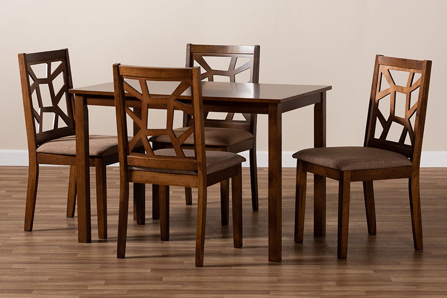 Abilene Mid-Century Light Brown Fabric Upholstered and Walnut Brown Finished 5-Piece Wood Dining Set