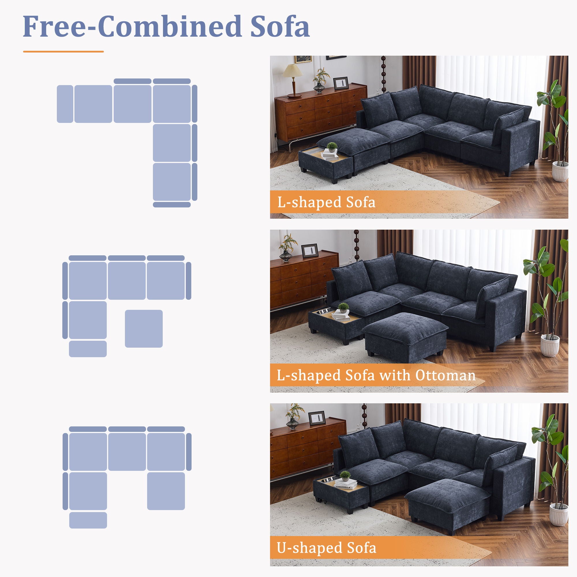 U-Shaped Sectional Modular Sofa With A Movable Ottoman, A Coffee Table With Hidden Charging Devices For Living Room