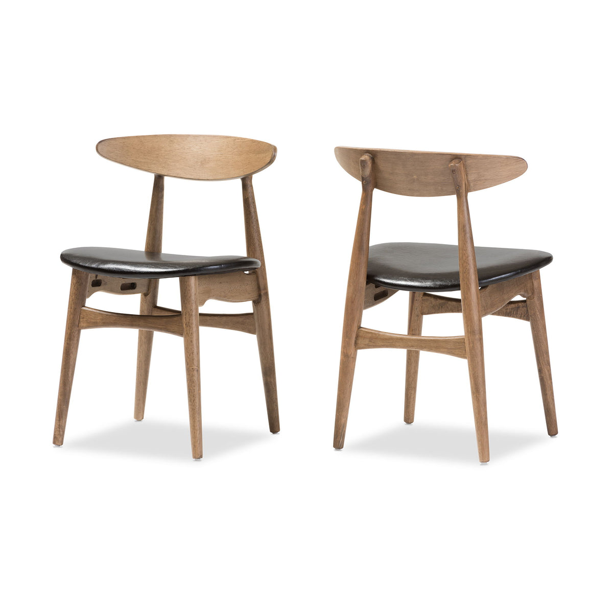 Edna Mid-Century Modern French Black Faux Leather and "Oak" Light Brown Finishing Wood 5-Peice Dining Set