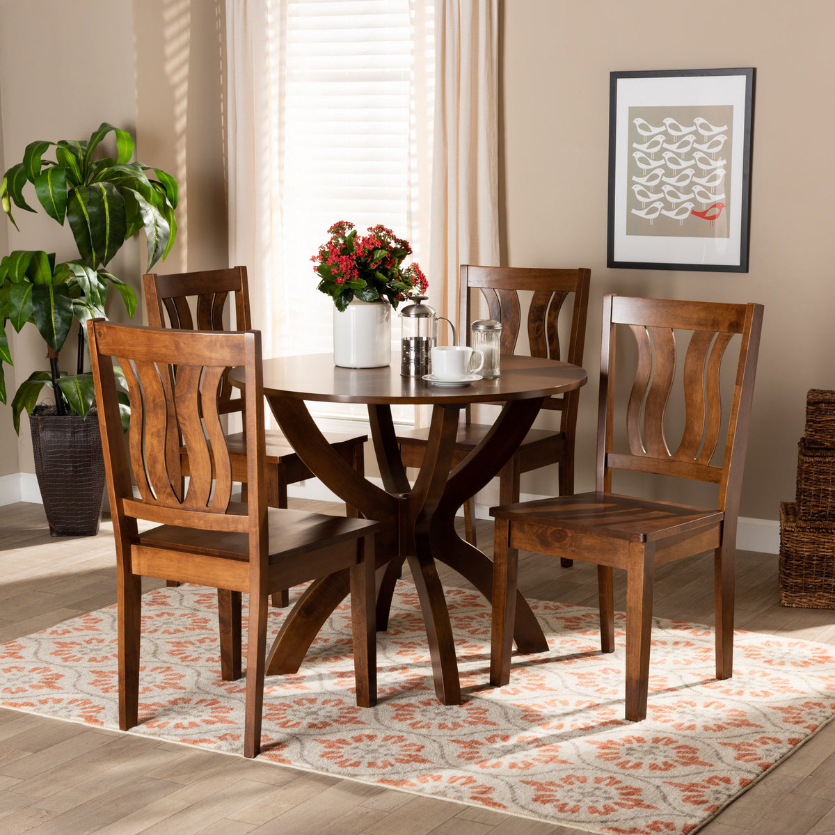 Karla Modern and Contemporary Transitional Walnut Brown Finished Wood 5-Piece Dining Set
