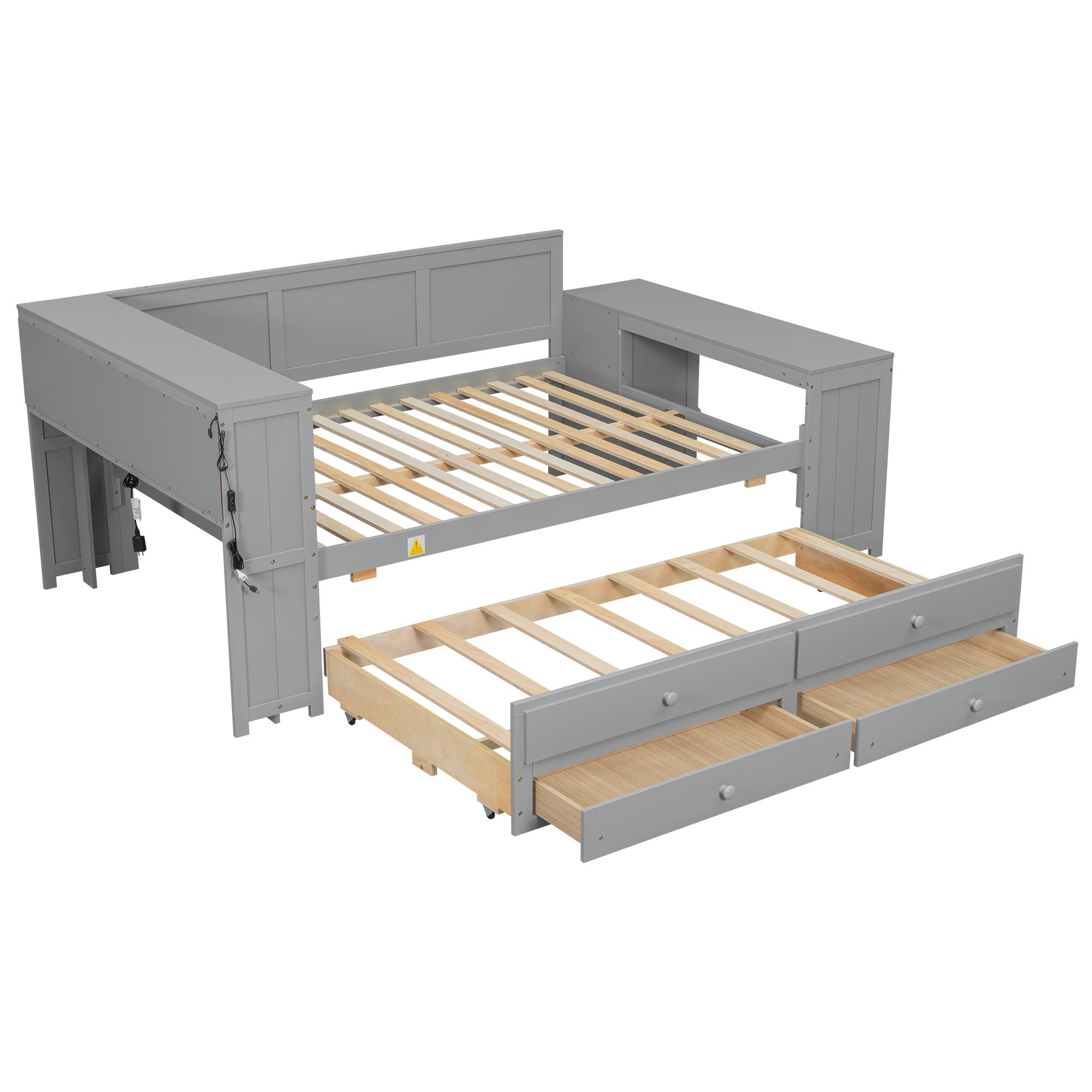 Daybed With Storage Shelves, Drawers, Trundle, Charging Station, LED Light, Desk And Cabinet