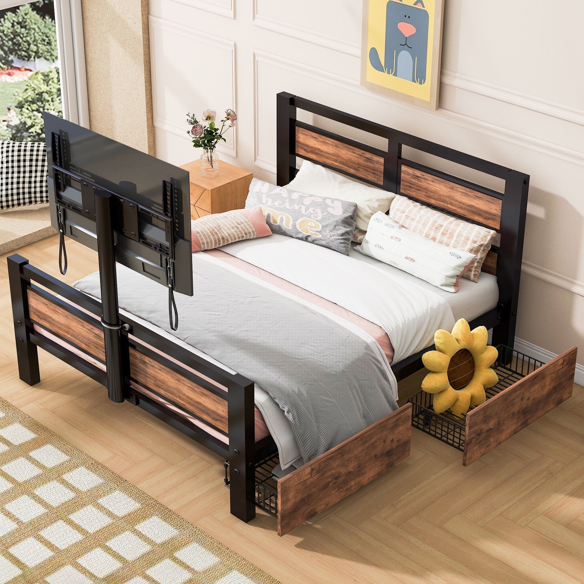 Twin Size Platform Bed With Headboard And Footboard, 2 Storage Drawers And Rotatable TV Stand - Black