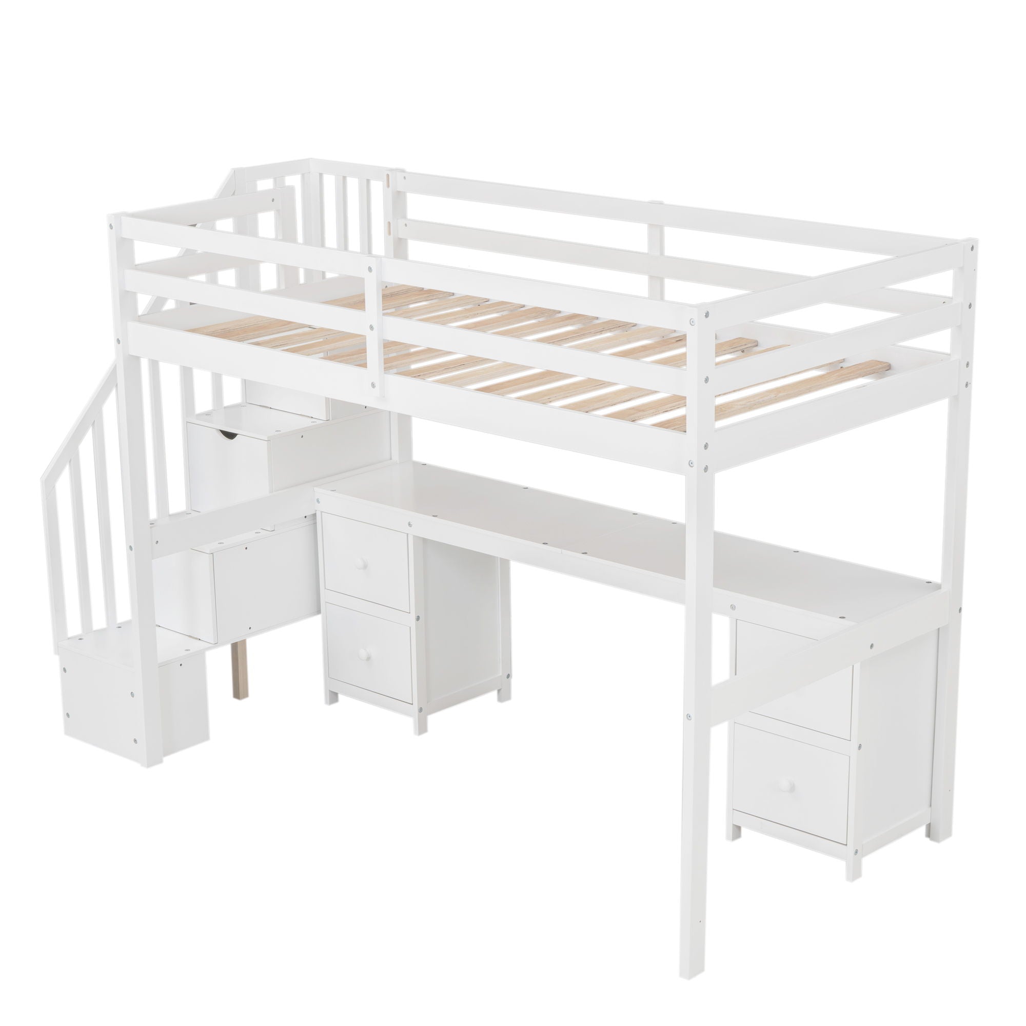 Loft Bed Frame With Built In Desk And Double Storage Drawers