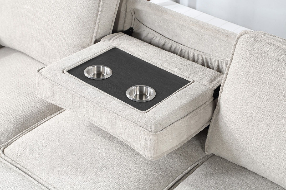 Estelle 86.5"W Beige Fabric Reversible Sleeper Sectional with Storage Chaise Drop-Down Table 2 Cup Holders and 2USB Ports