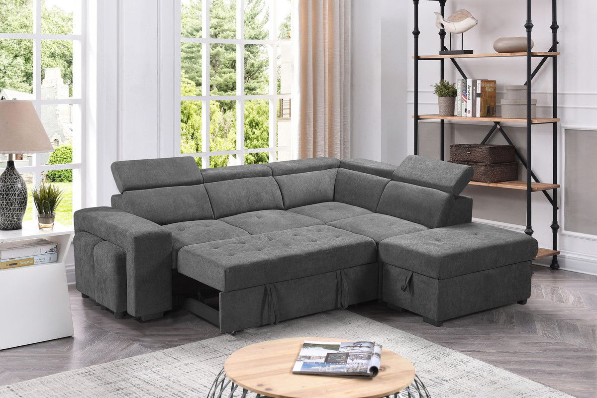 Henrik 97"W Light Gray Sleeper Sectional Sofa with Storage Ottoman and 2 Stools
