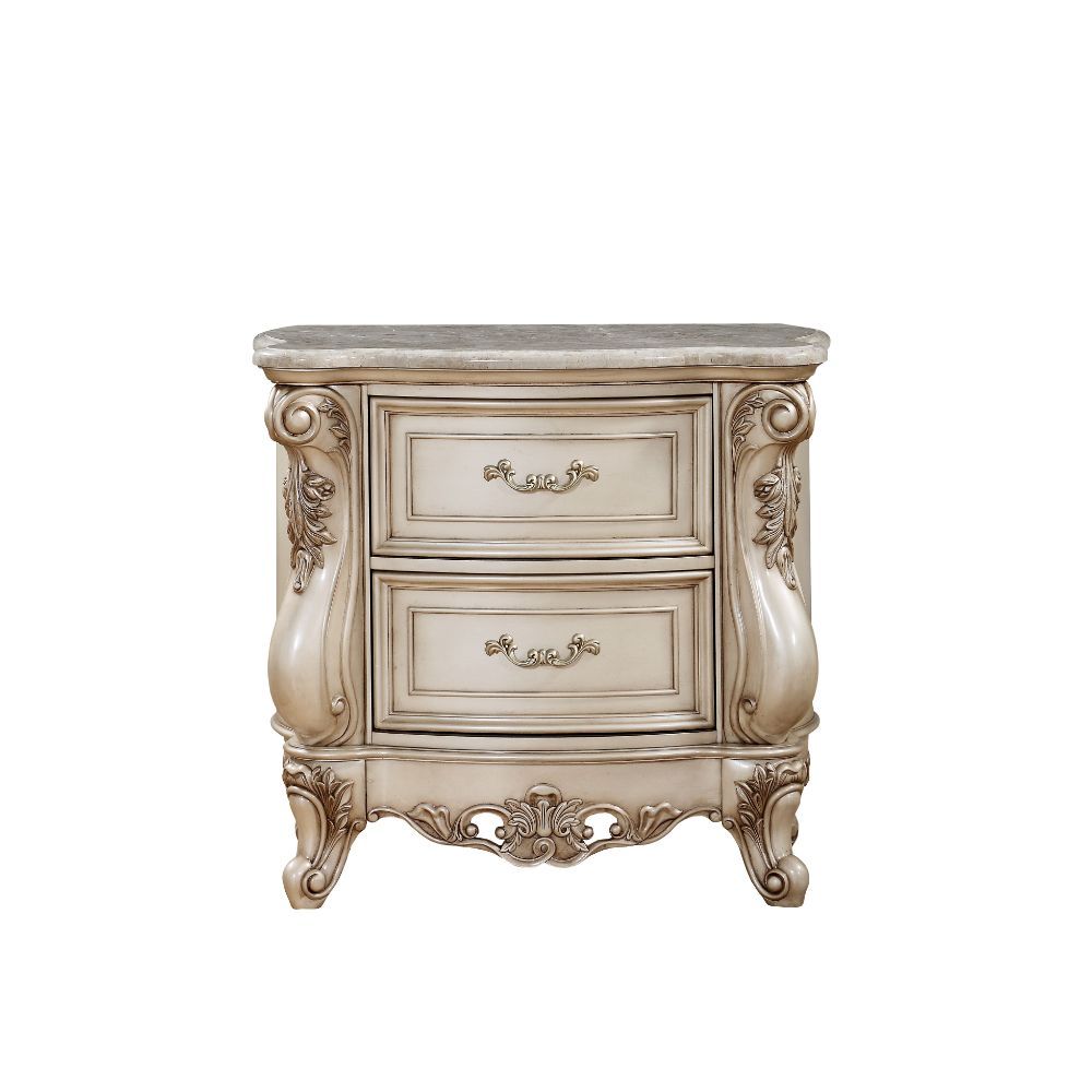 ACME Gorsedd - Nightstand - Marble & Antique White | Meri Furniture