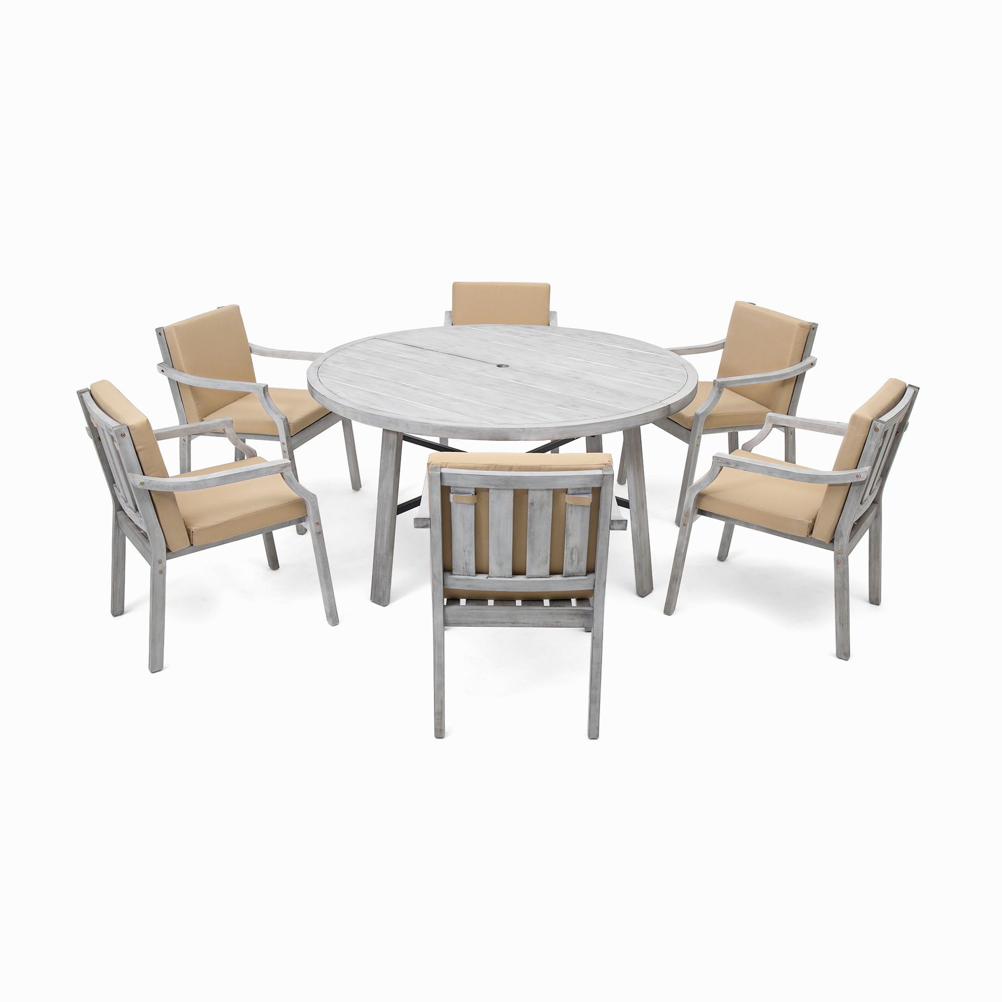 6 Person Outdoor Wooden Dining Set With Umbrella Hole And Removable Cushions For Patio - Gray