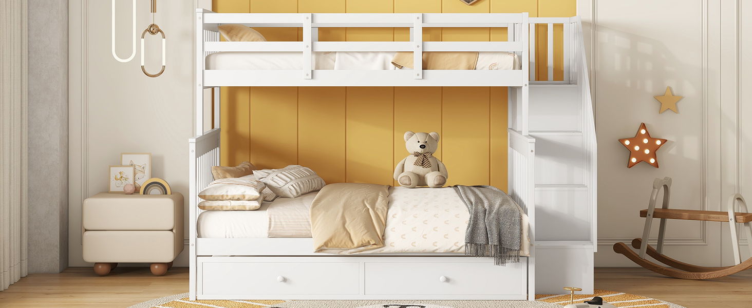 Bunk Bed With Twin Size Trundle, Storage And Guard Rail For Bedroom