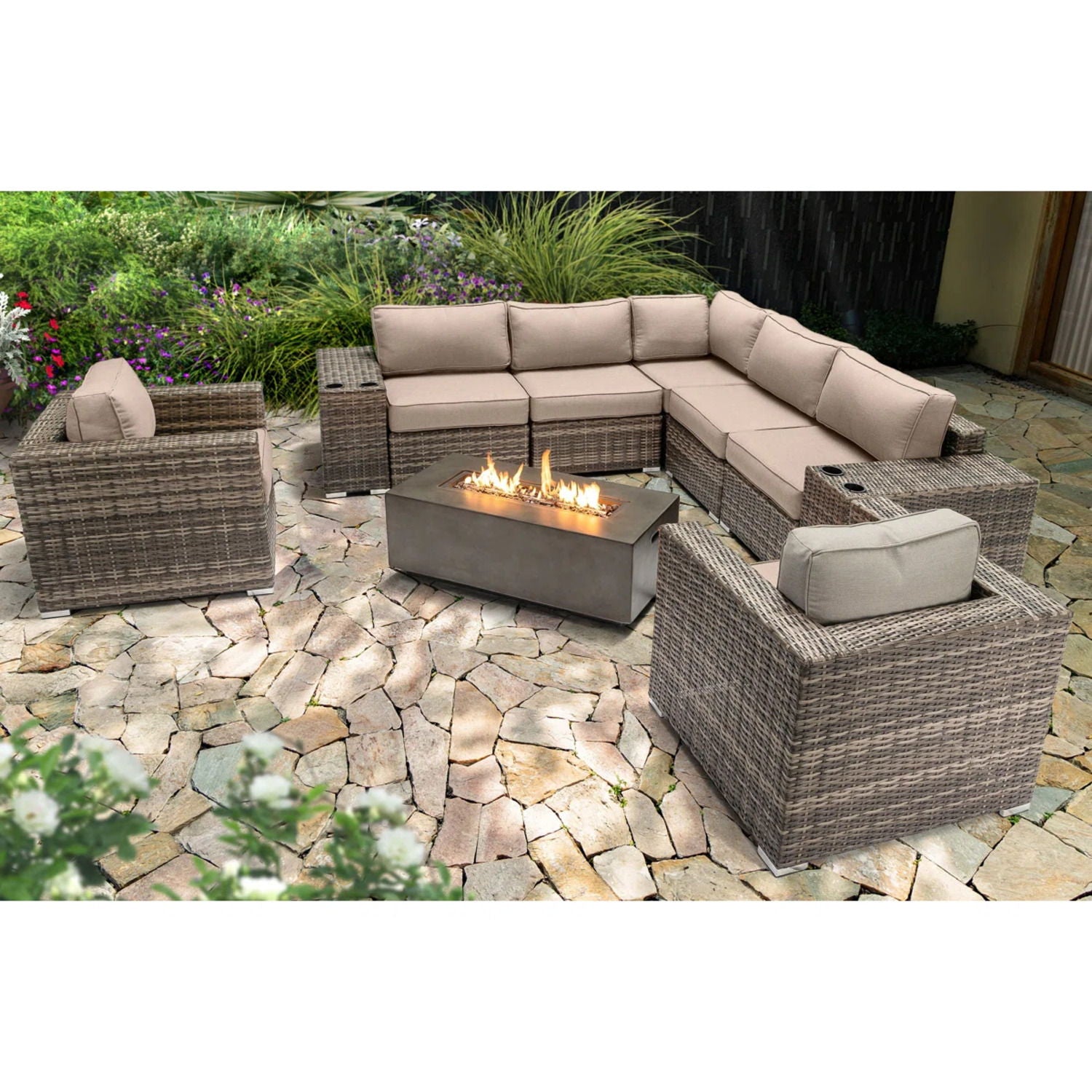 Rattan Wicker Patio Set With Cushions And Concrete Fire Pit