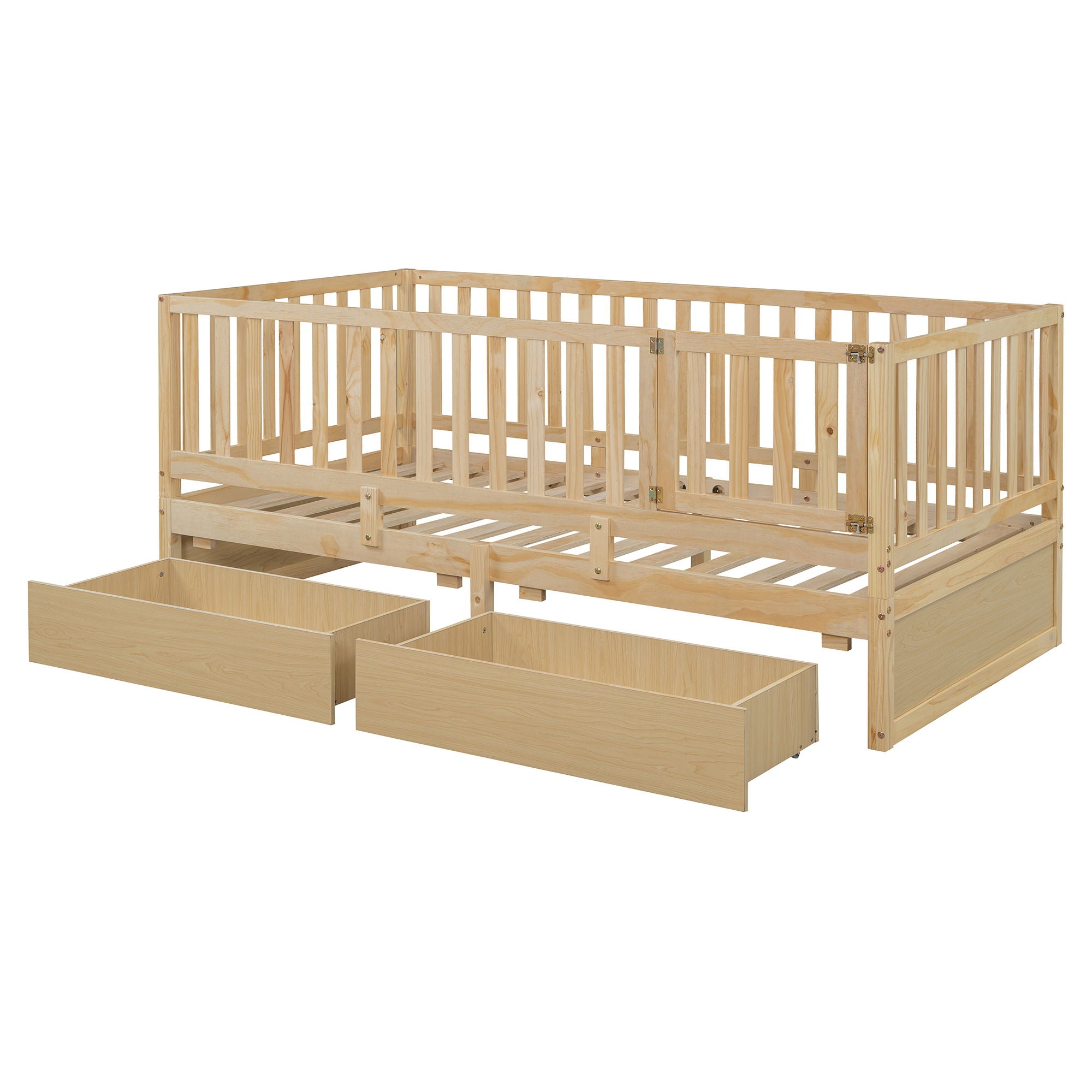 Daybed With Fence Guardrails And 2 Drawers, Split Into Independent Floor Bed & Daybed