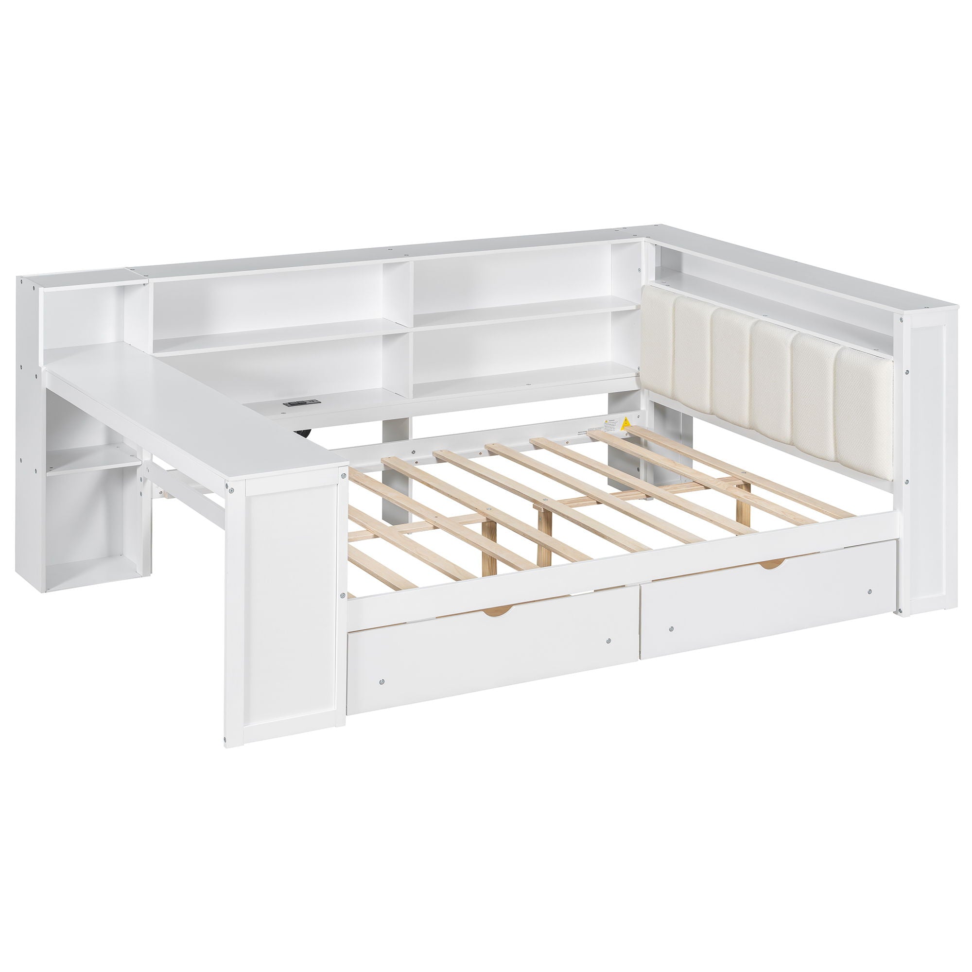 Platform Bed With Storage Shelves, Drawers, Charging Station, LED, Desk