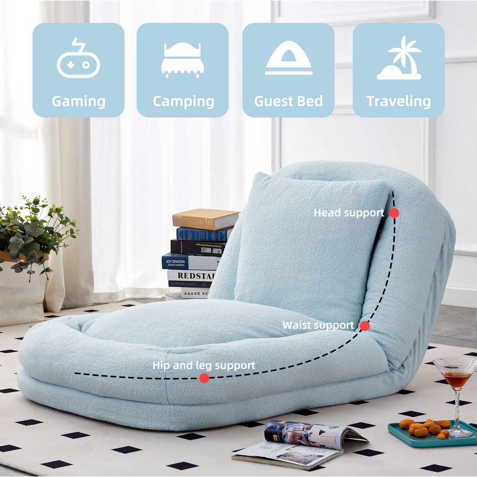 Contemporary Folding Sofa Chair With 5 Adjustable Positions For Gaming, Meditation, And Relaxation