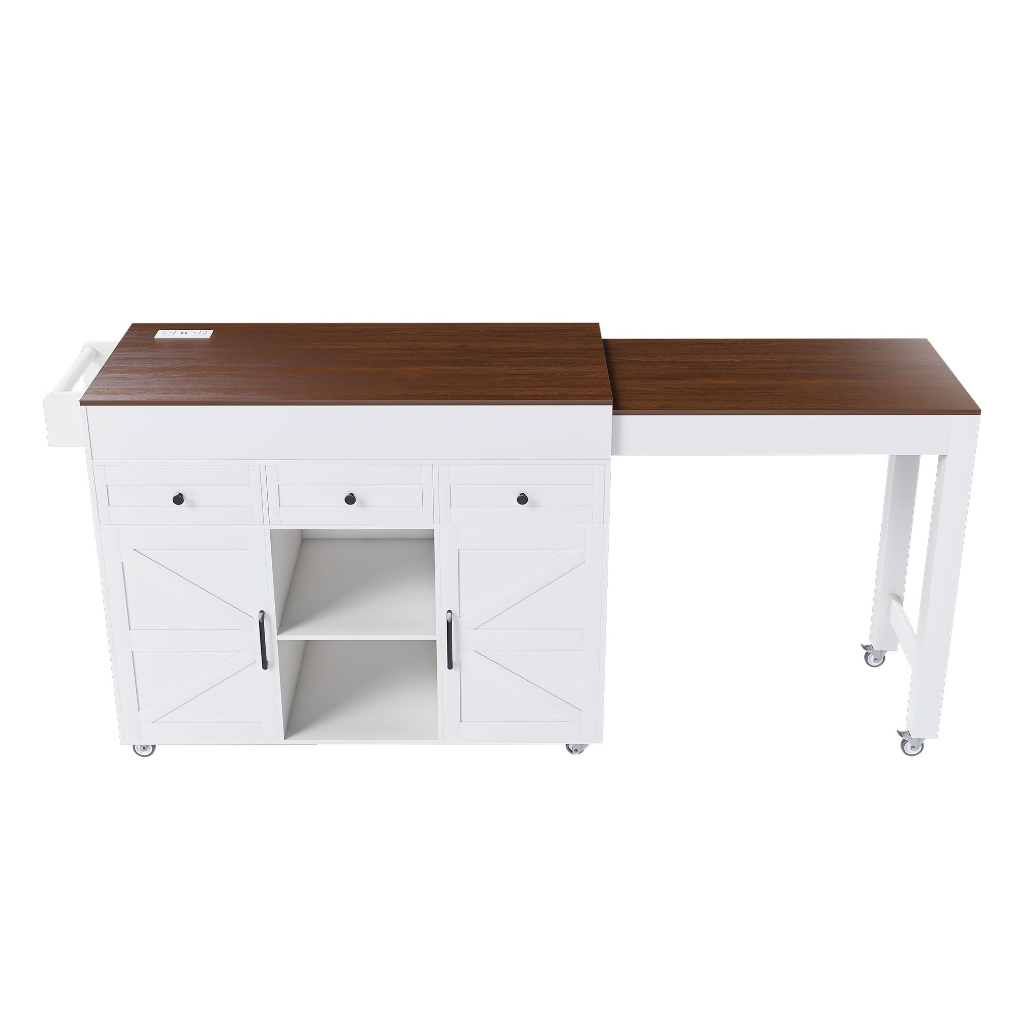 Modern Kitchen Island With Extendable Dining Table & Power Outlet - White