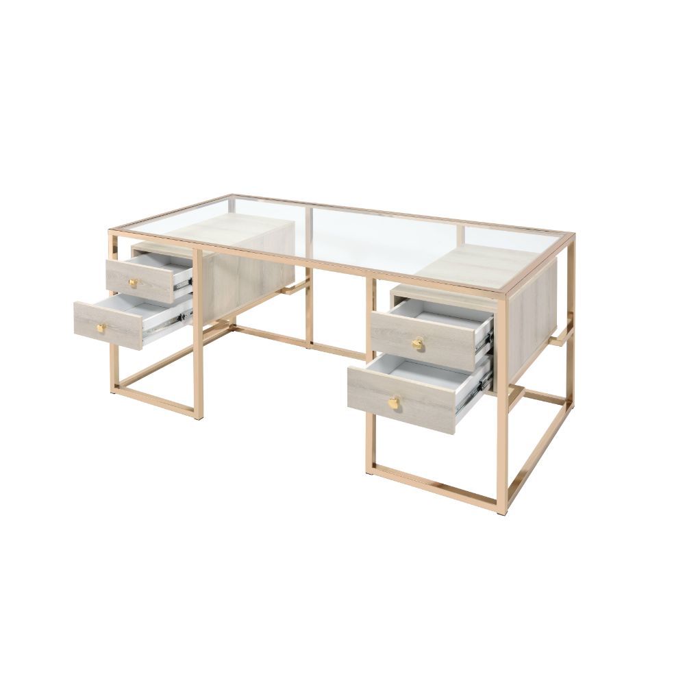 ACME Huyana - Desk - Clear Glass & Gold | Meri Furniture