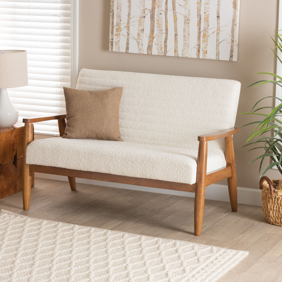 Stratton Mid-Century Modern Cream Boucle Fabric and Walnut Brown Finished Wood Loveseat