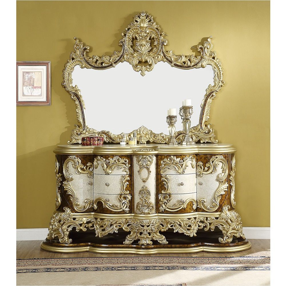 ACME Desiderius - Mirror - Antique Gold & Hand Painted Brown | Meri Furniture