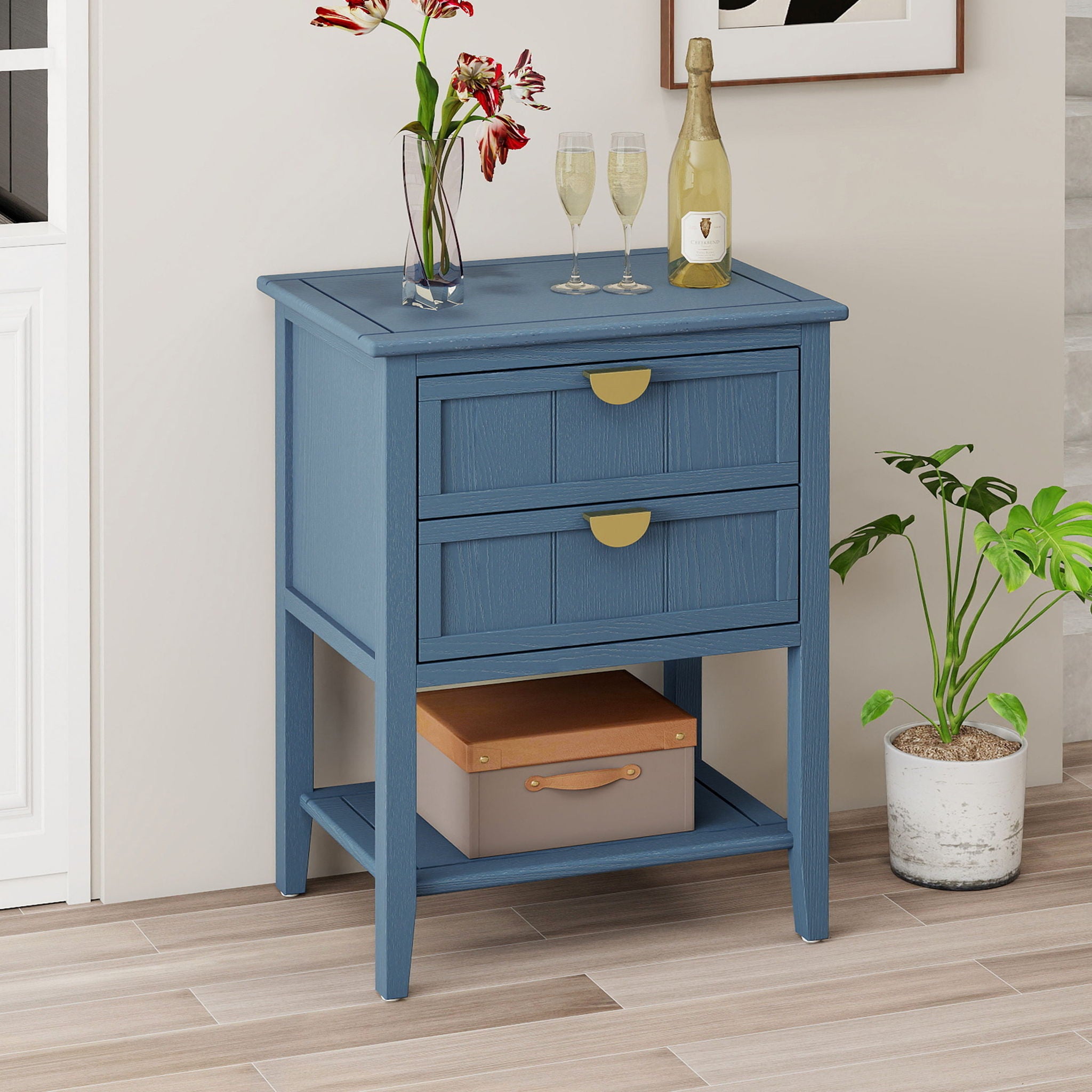 2 Drawer Side Table, American Style, End Table, Suitable For Bedroom, Living Room, Study