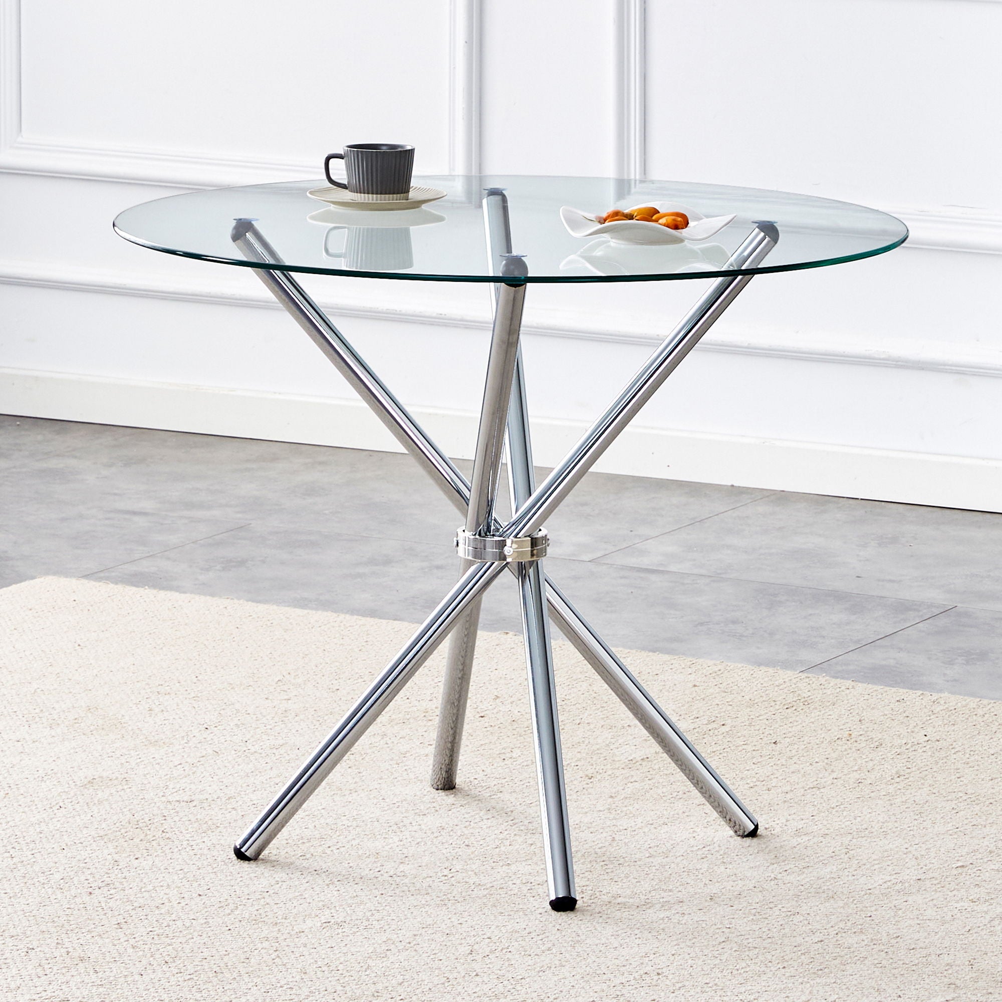 Modern Round Clear Glass Dining Table With Unique Metal Legs For 4 6 People - Silver