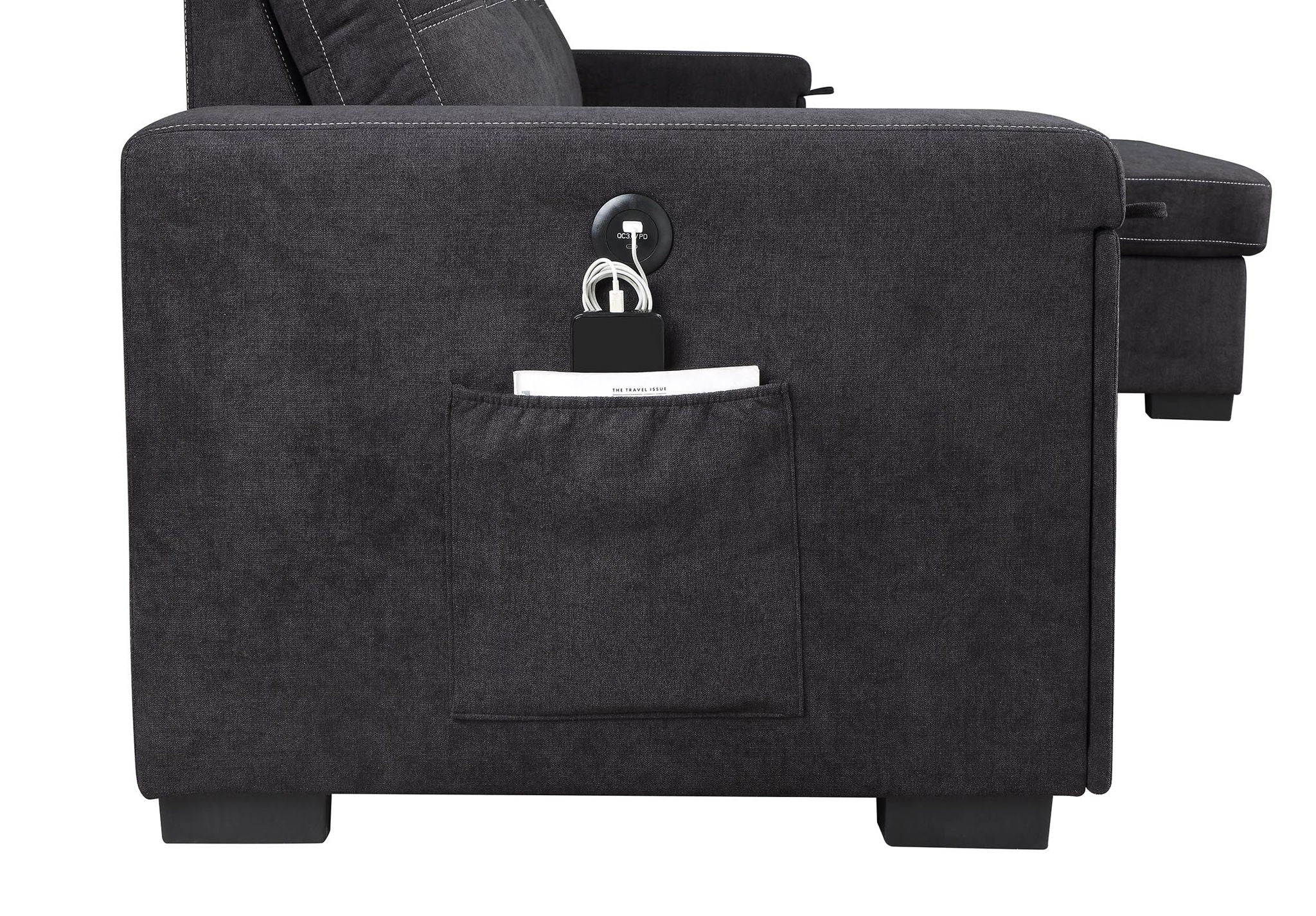 Toby - Woven Fabric Reversible Sleeper Sectional Sofa With Storage Chaise Cup Holder Charging Ports And Pockets